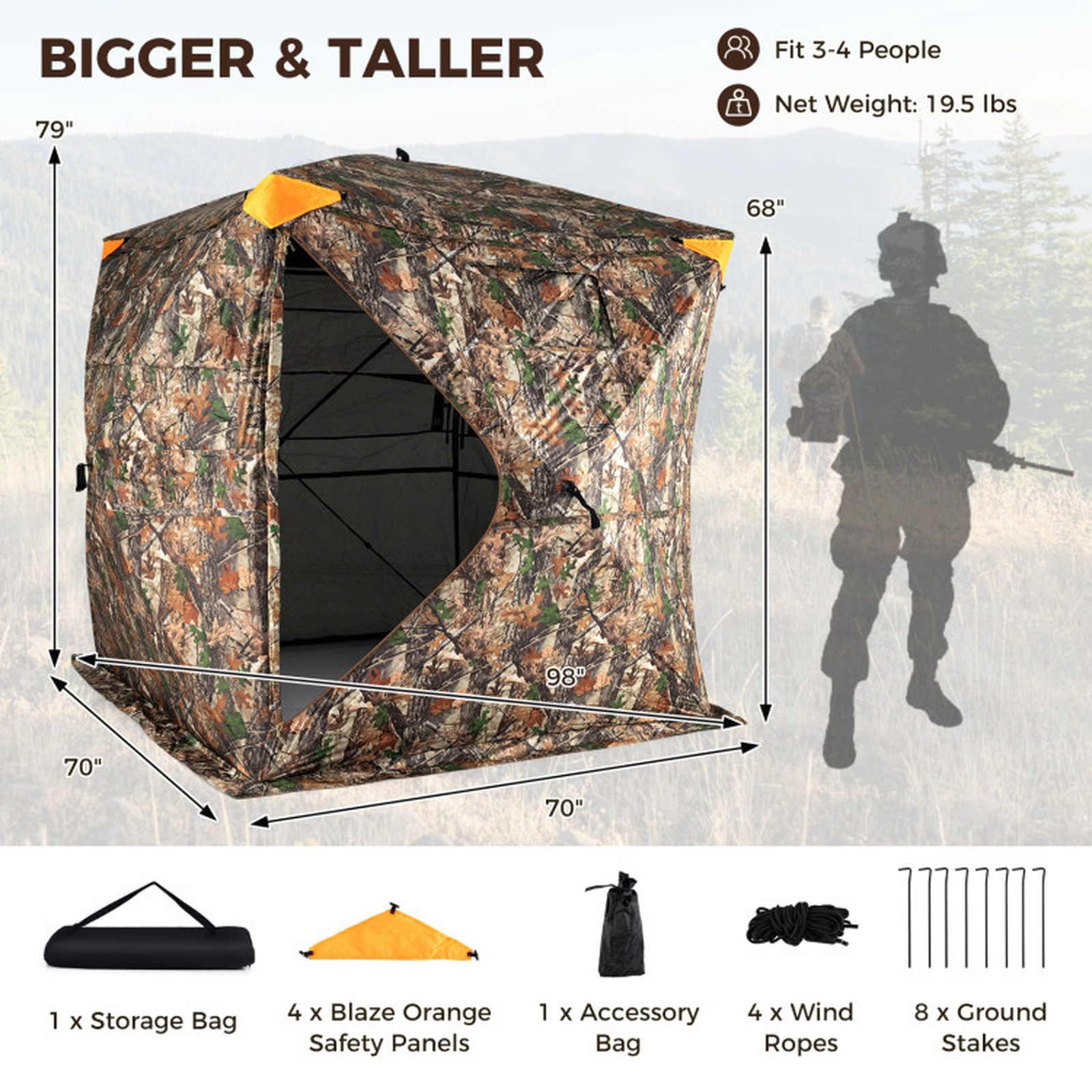 SUGIFT Camouflage 70-in Pop-Up Hunting Blind with 4 Blaze Orange Safety Panels and Full-Open Swing Door