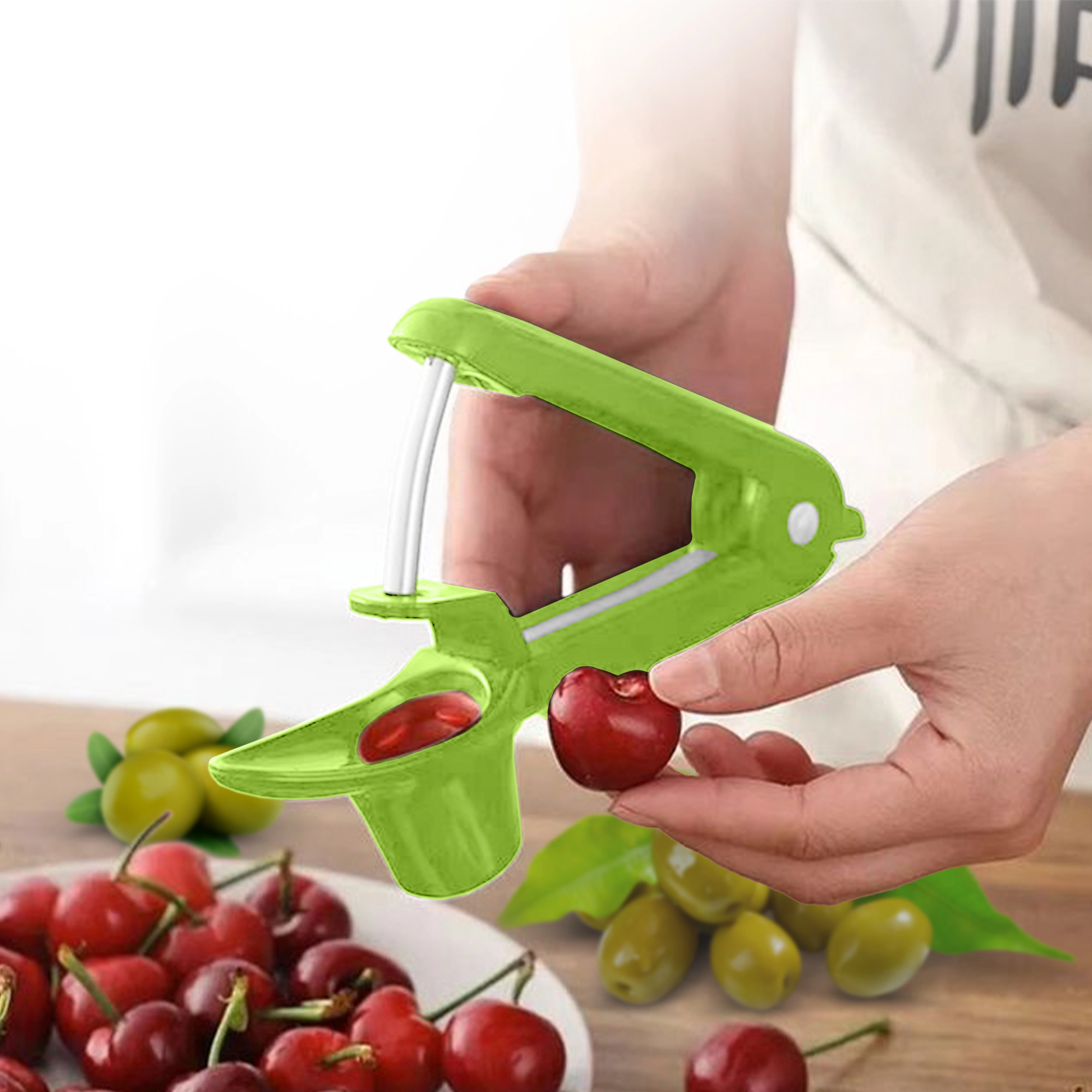 Cheer Collection Cherry and Olive Pitter with One-Handed Press, Splash Guard and Locking Handle