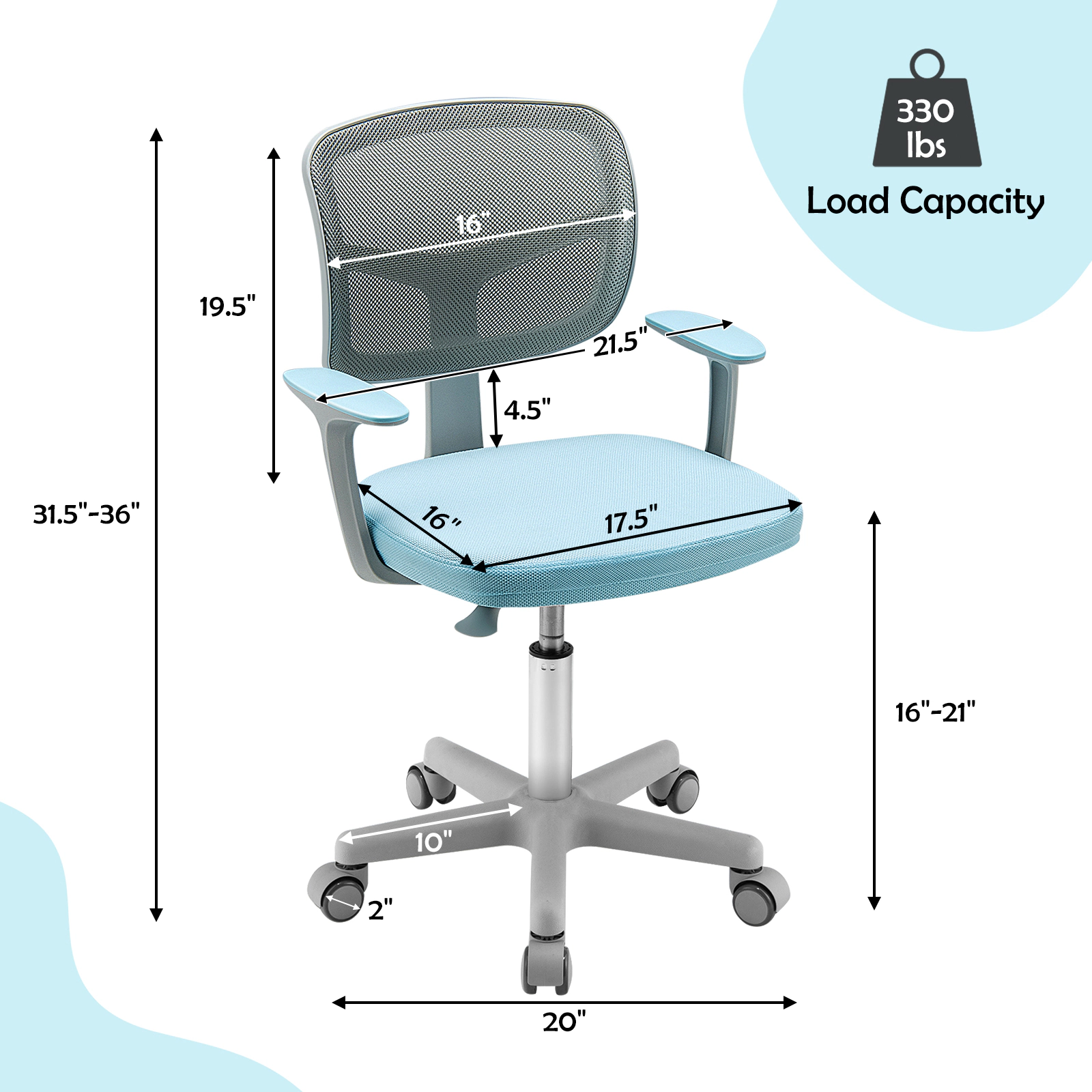 SUGIFT Kids Mesh Desk Chair with Auto Brake Casters and Detachable Cushion Blue