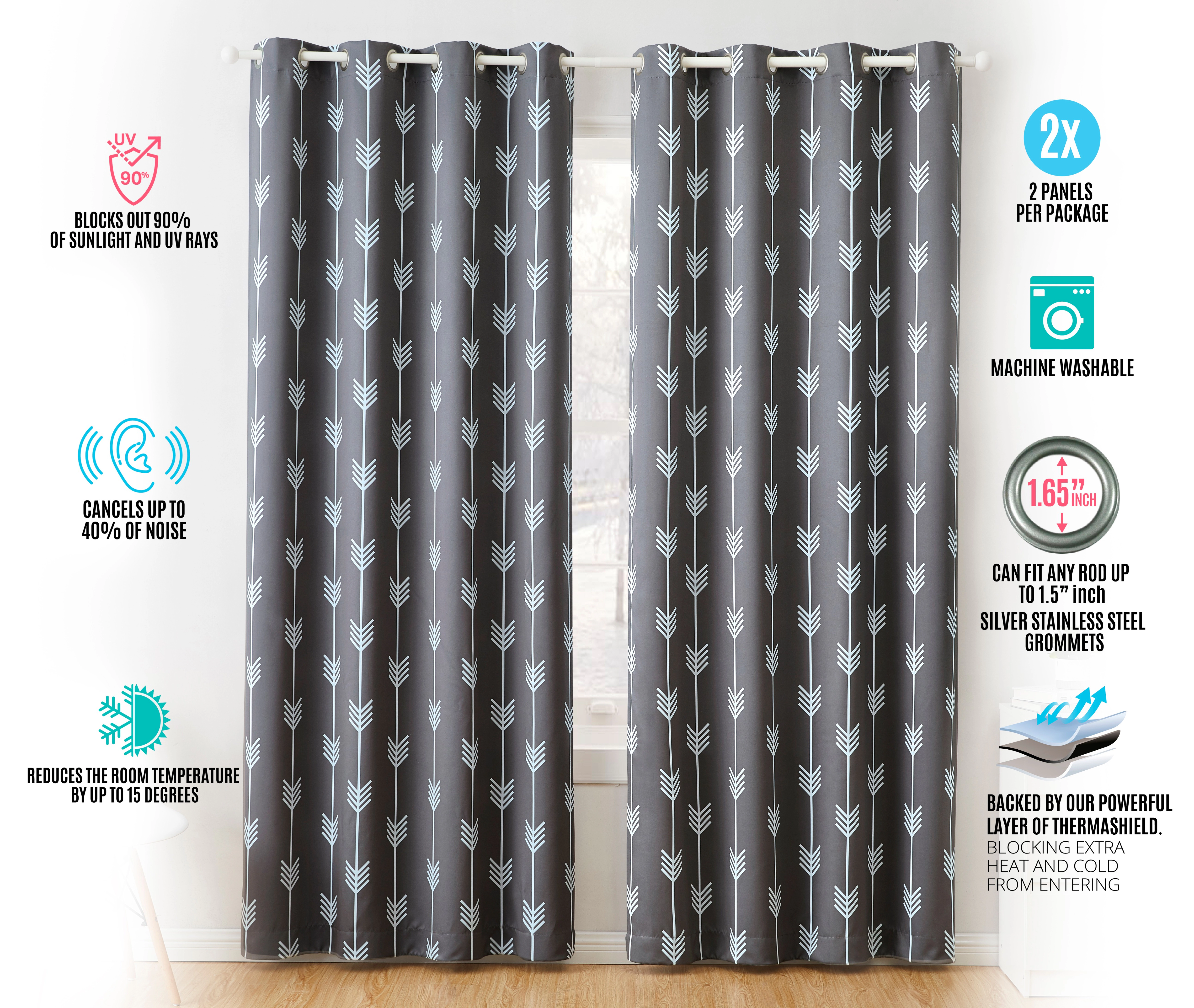 HLC.ME Arrow Printed Privacy Blackout Room Darkening Grommet Window Curtain Panels - Set of 2
