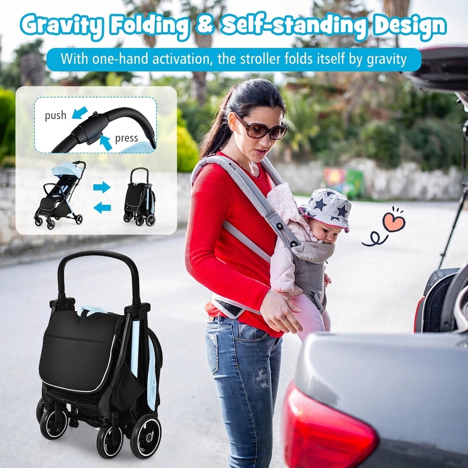 SUGIFT One-Hand Folding Portable Lightweight Baby Stroller with Aluminum Frame 33-lb Seat Capacity Ages 6-36 Months Blue