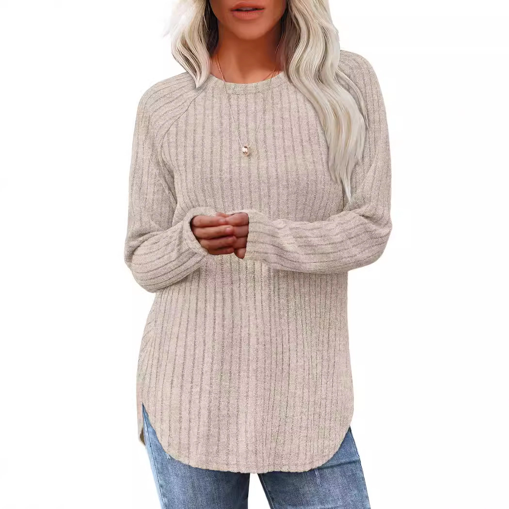 Women's Crewneck Curved Hem Loose Fit Long Sleeve Pullover Sweater Tops