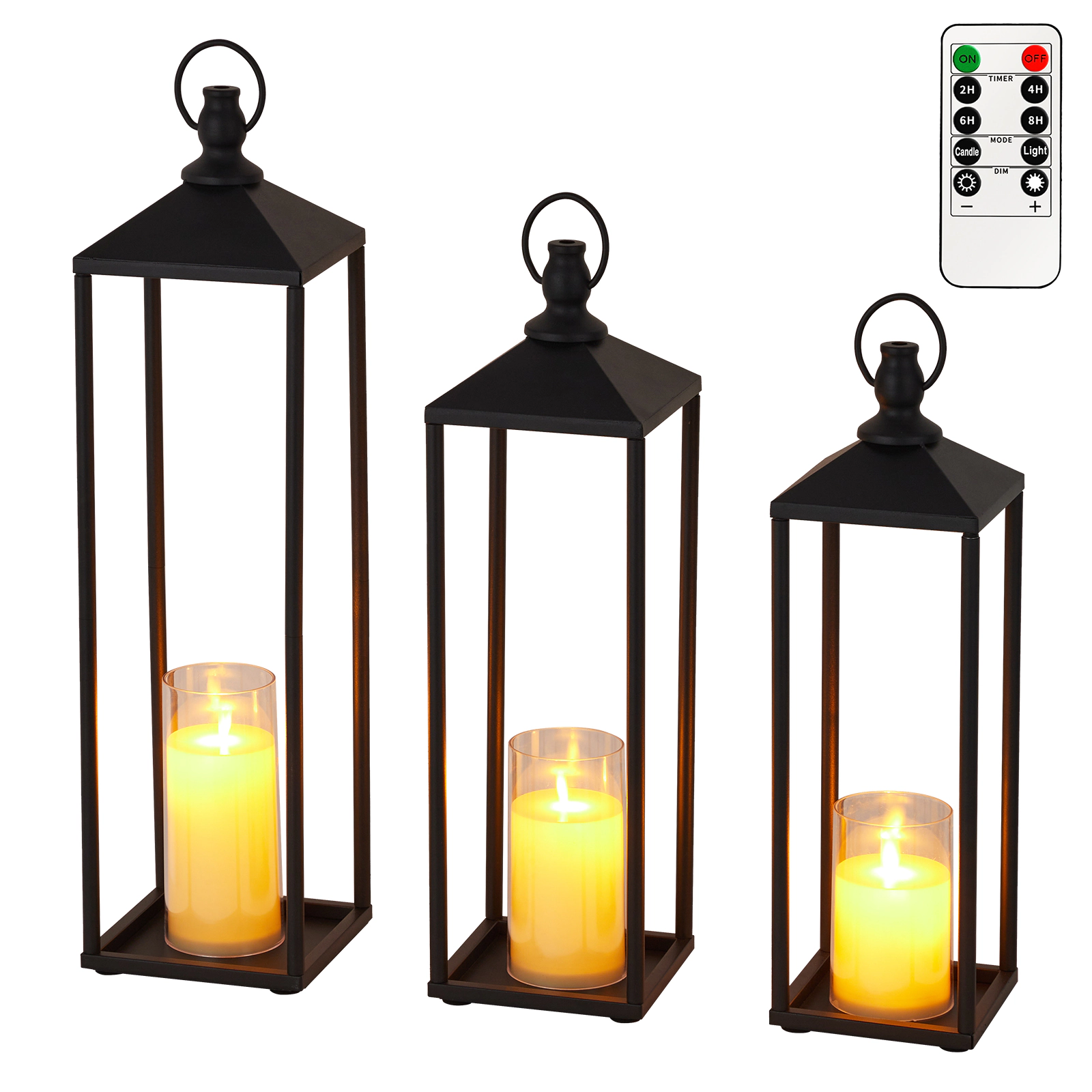SKYROKU 17" 19" 22" Large Outdoor Candle Lanterns, Set Of 3 Decorative Lanterns, Black Lanterns For Candles