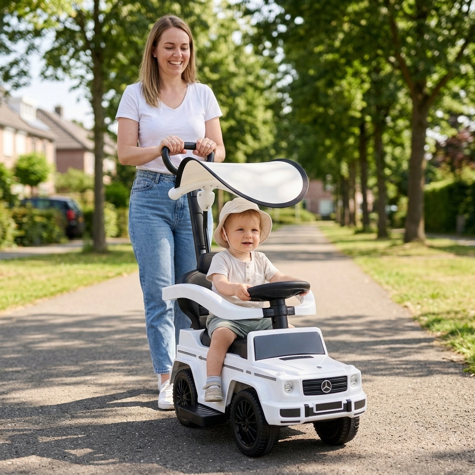 3-in-1 Toddler Push Car Adjustable Canopy Working Steering Wheel Under Seat Storage 18-36 Months 55-lb Limit