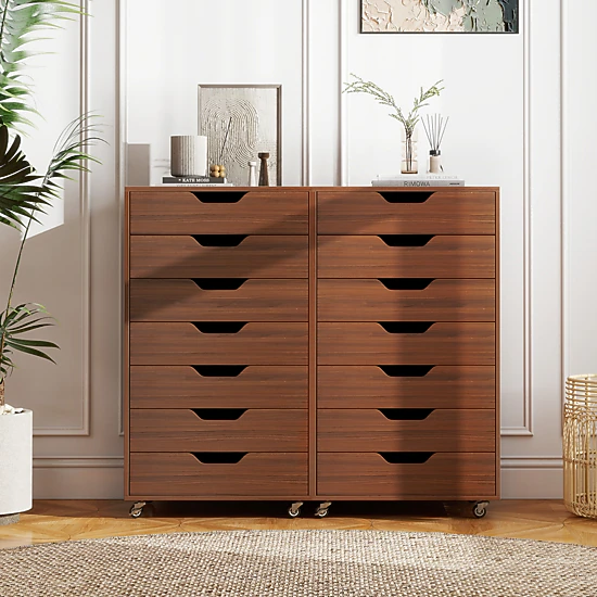 LJG 7-Drawer Chest Wooden Storage Dresser with Lockable Wheels