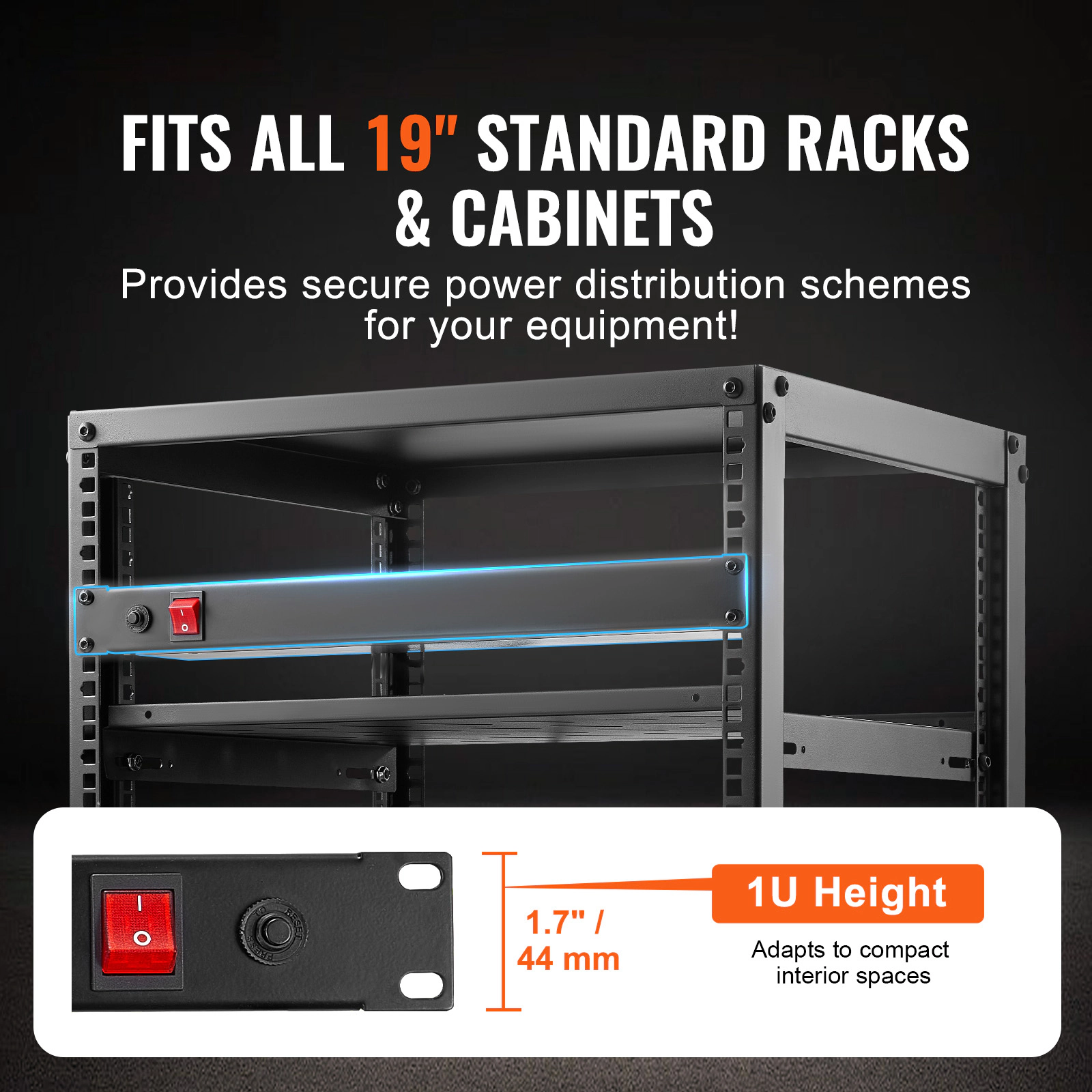 HONGGE 1U PDU, Rack Mount Power Strip Fits Standard 19 Server Racks, with Switch Surge Protection & Overload Protection