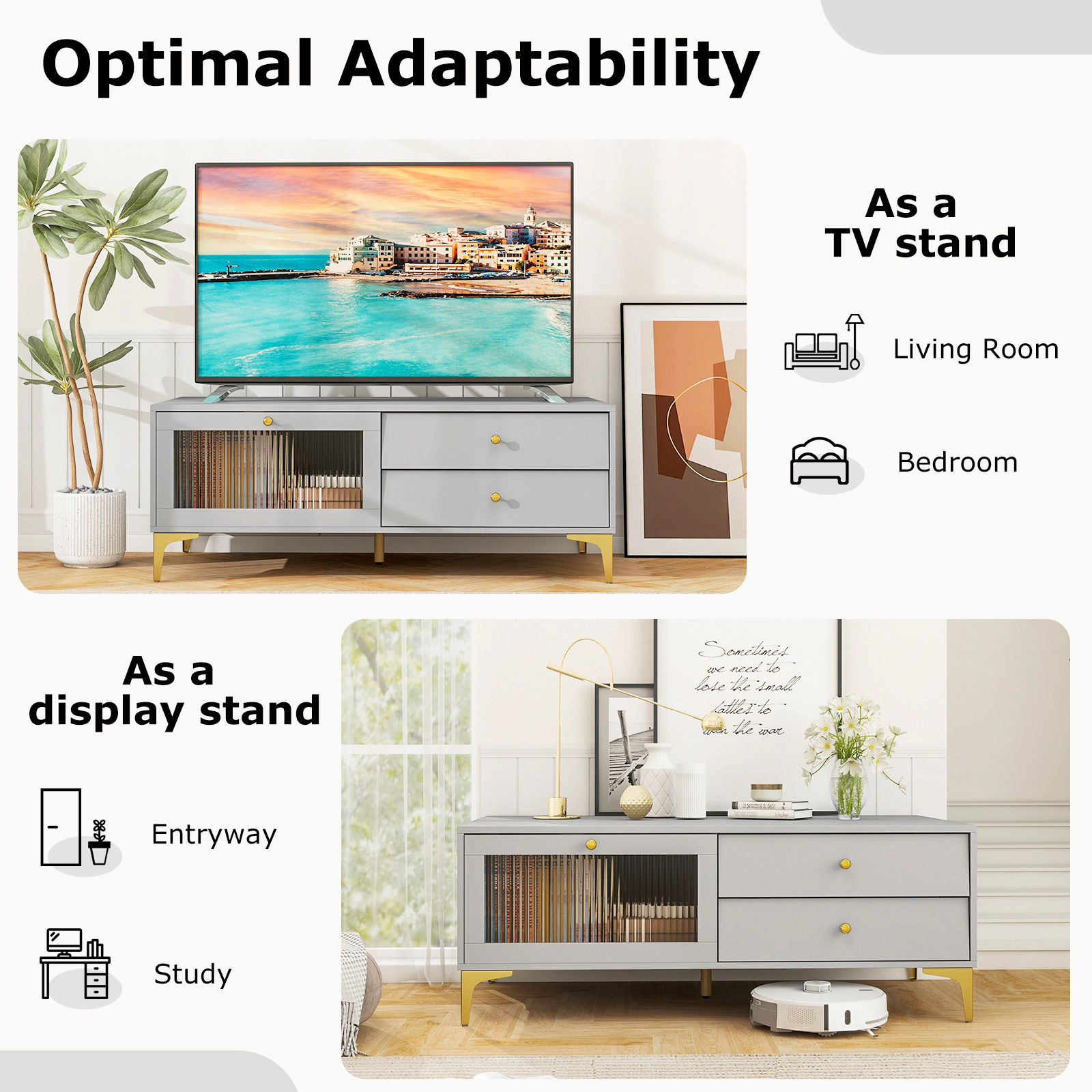 Glintex 47.5-Inch TV Stand with Drop-Down Glass Door and 2 Drawers, Gray
