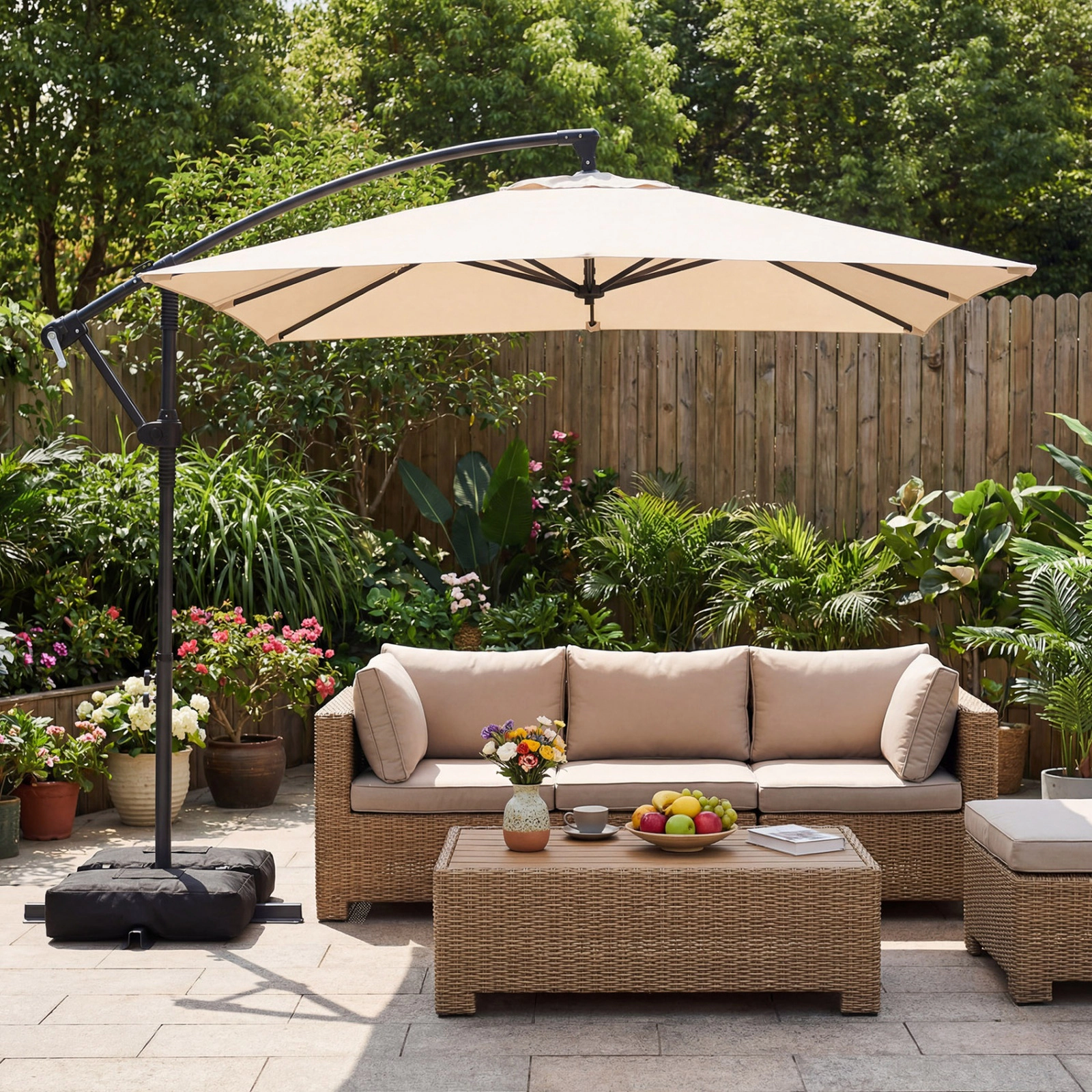 SUGIFT 8 x 8-ft Square Offset Cantilever Patio Umbrella with Double-Tier Canopy 116-lb Base Capacity 360° Rotation Beige