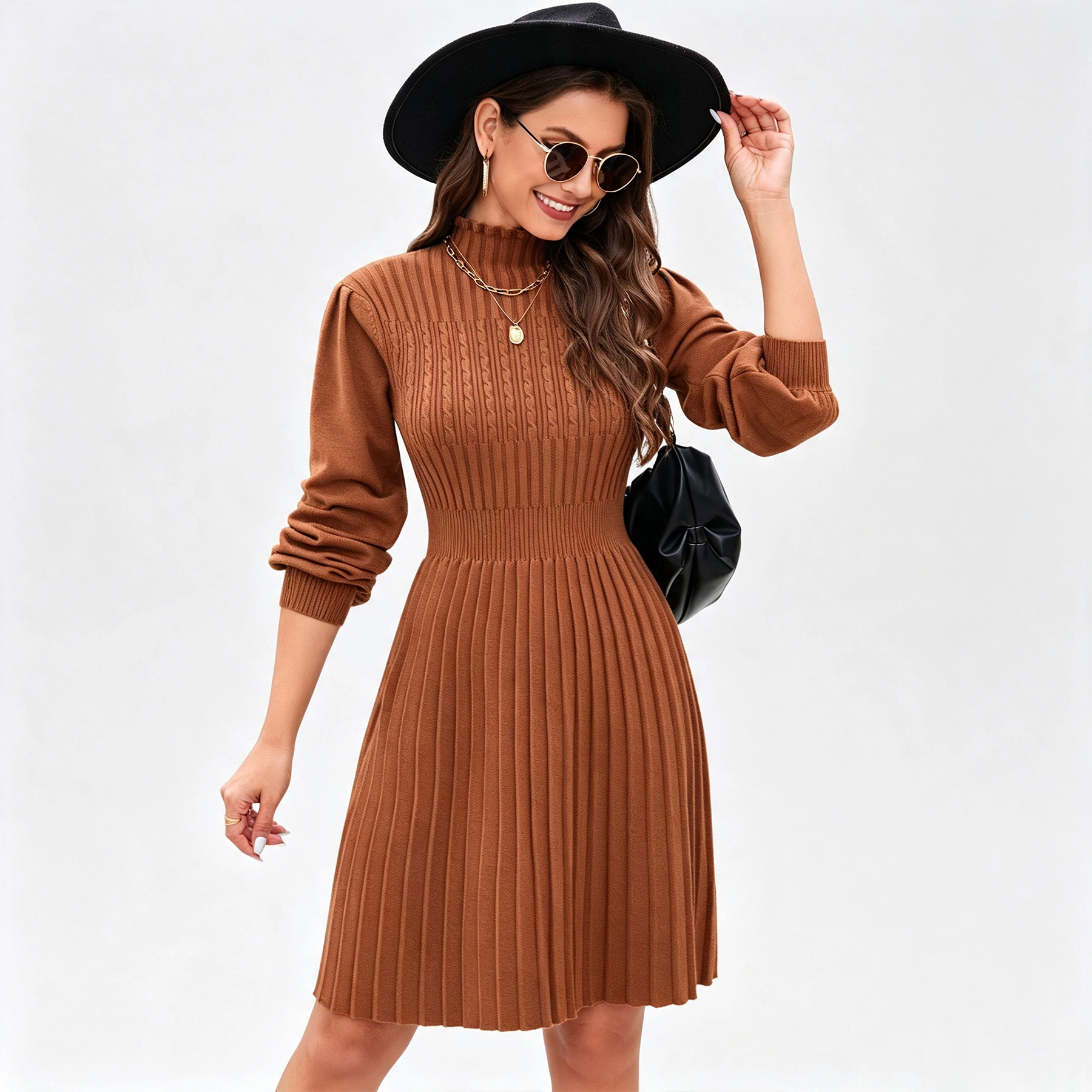 YesFashion Women's Pleated Sweater Dress Mock Neck Puff Sleeve Cable Knit Midi