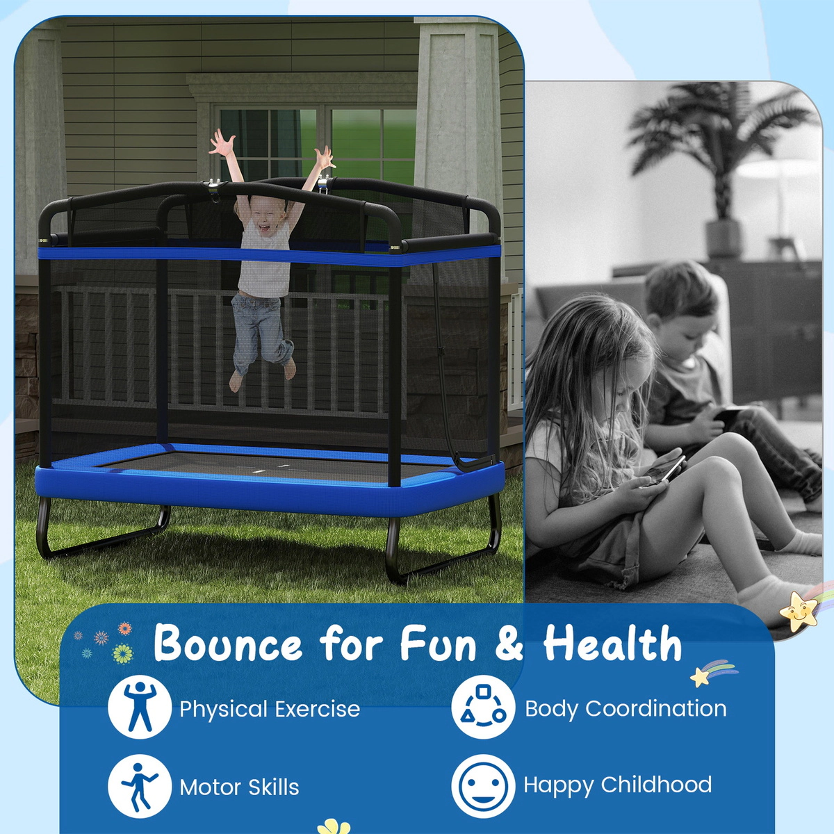 SUGIFT 6 ft Kids Rectangle Trampoline with Swing and Horizontal Bar 132-lb Trampoline Capacity Ages 3+ Blue/Pink