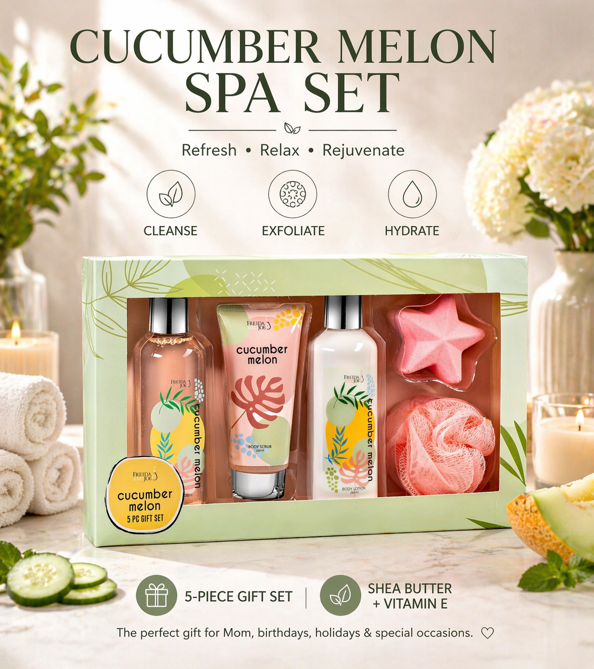 Freida and Joe  Women Cucumber Melon Spa Gift Box For Her – Relaxing Bath & Body Self-care Set