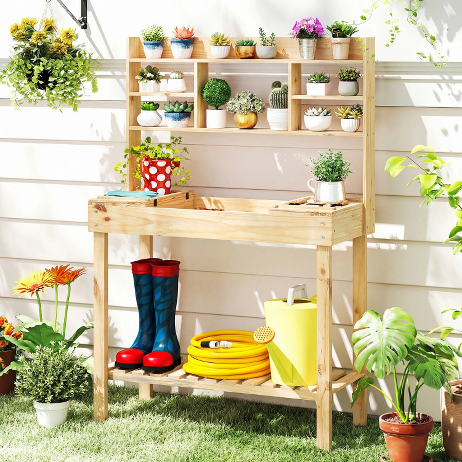 SUGIFT 100-lb Capacity 60-in Natural Wooden Potting Bench Table with 3-Tier Shelf and Flip-Up Top