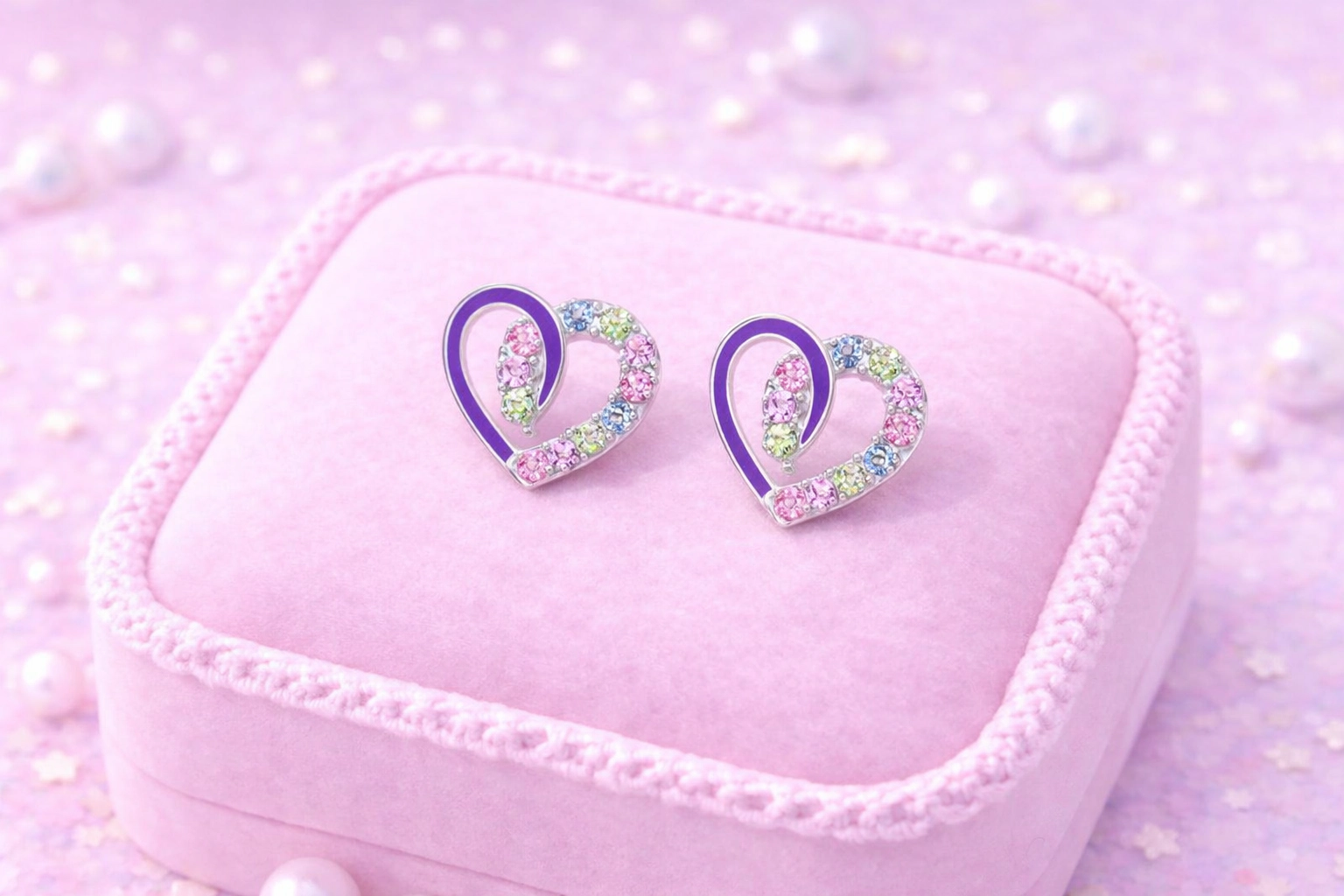 CHANTEUR Kids Heart Stud Earrings - Hypoallergenic Surgical Titanium Screwback, Silver-Plated with Pink Cubic Zirconia