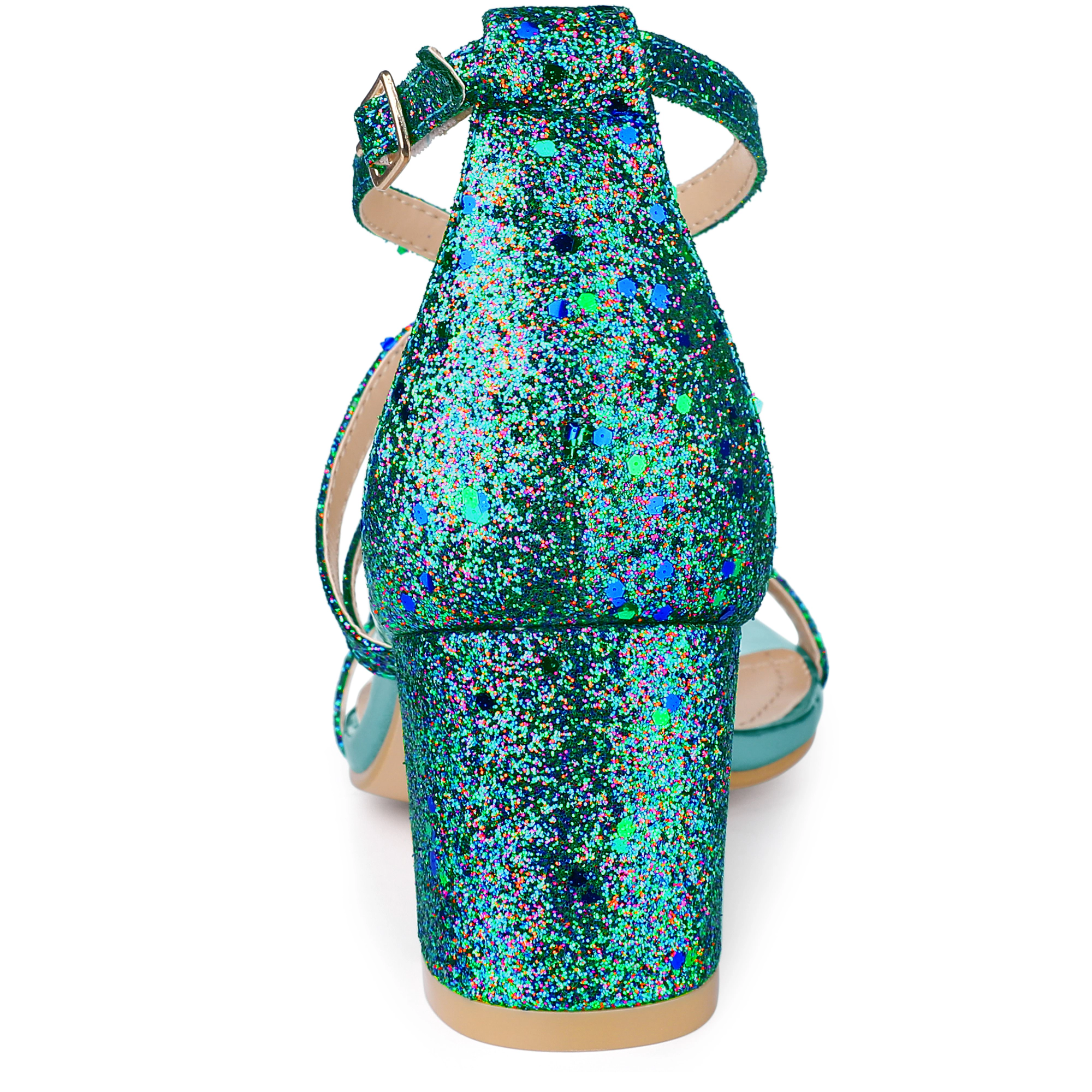 BLISSFUL STEP Women's Glitter PU Crisscross Strap Open Toe Chunky Heels Sandals