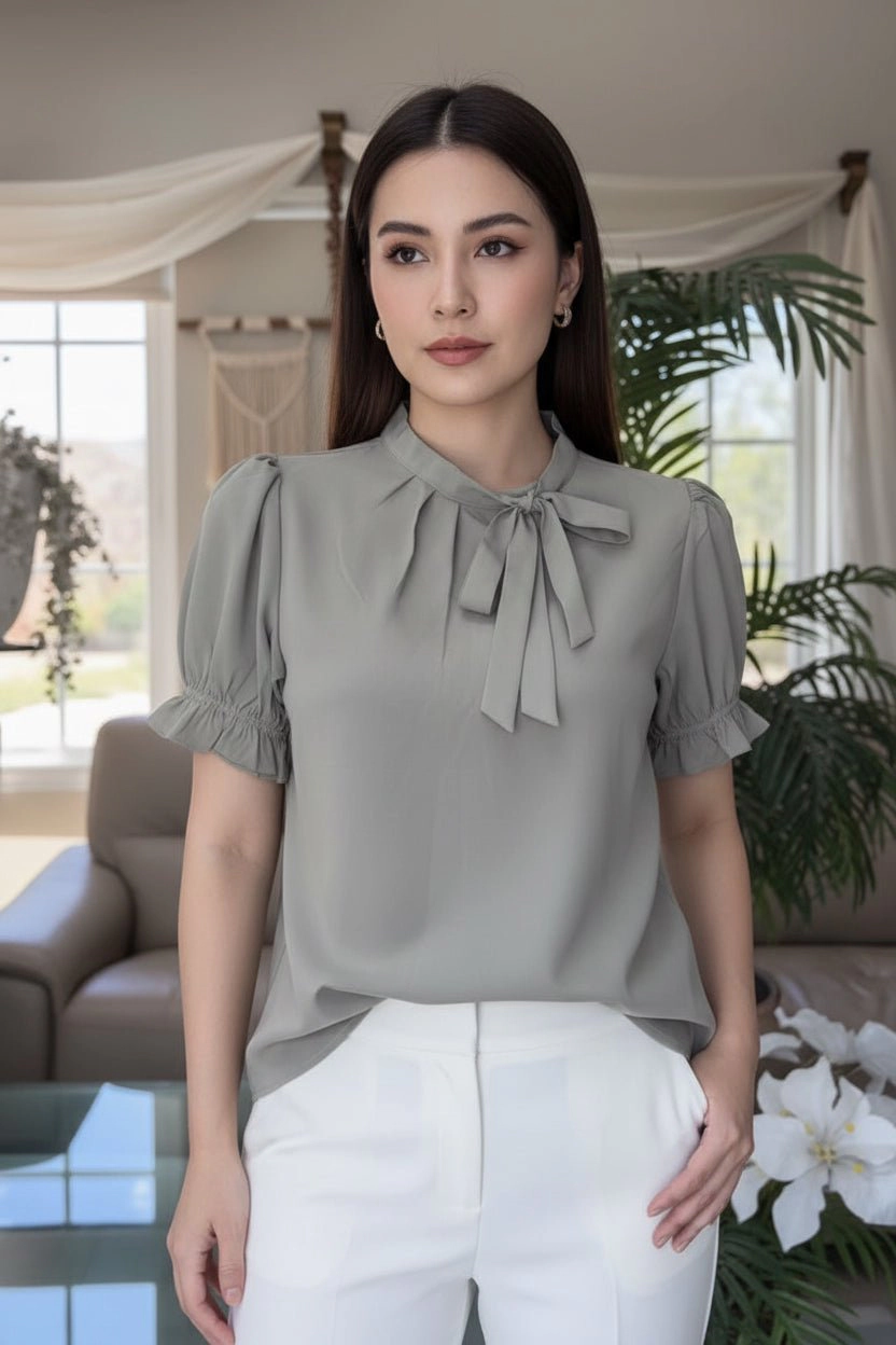 DressAtR Women's Cross Bow Tie Pleated Front Elbow Sleeve Pullover Blouse
