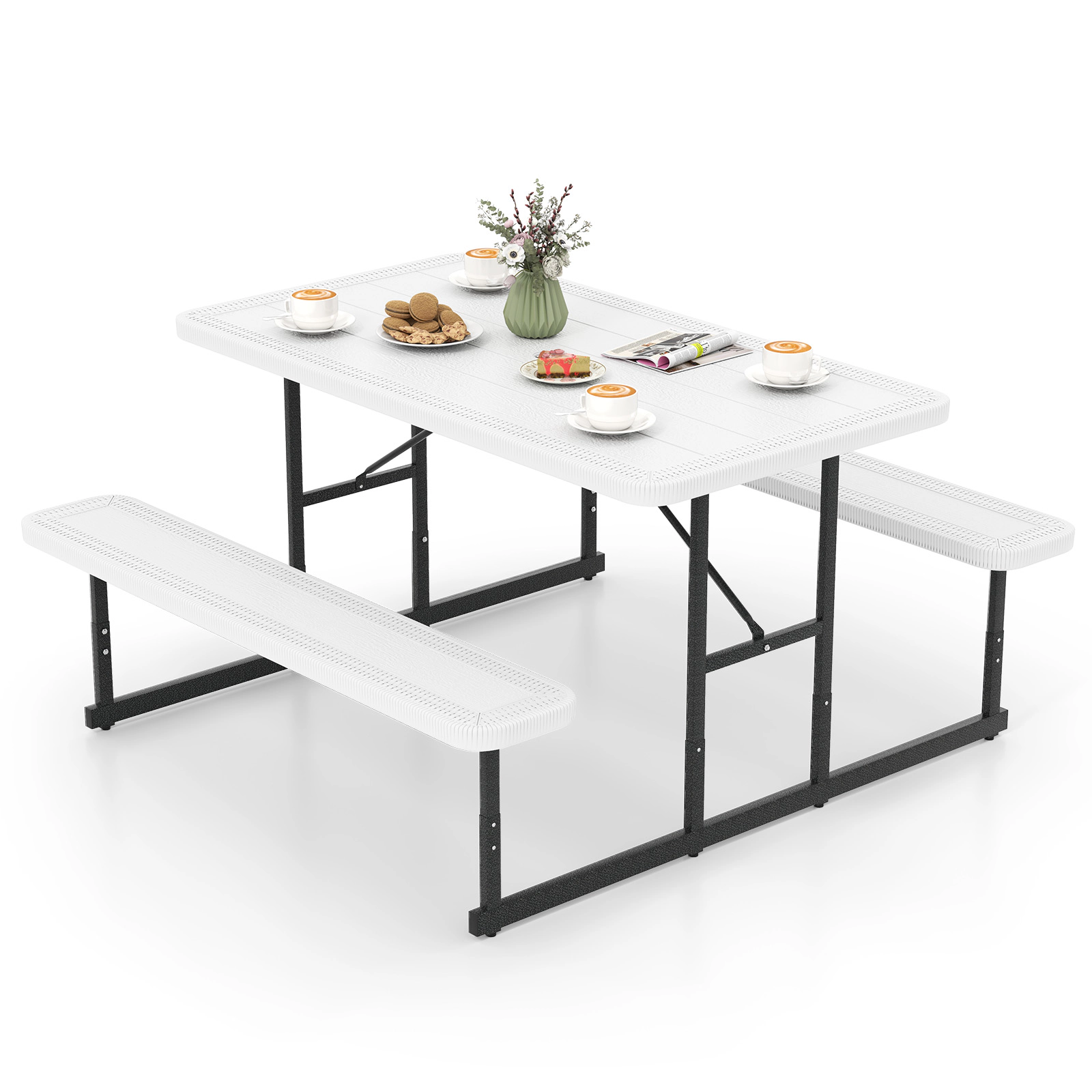 SUGIFT Picnic Table Bench Set White HDPE Rectangular Camping Dining Table for 2-4 People
