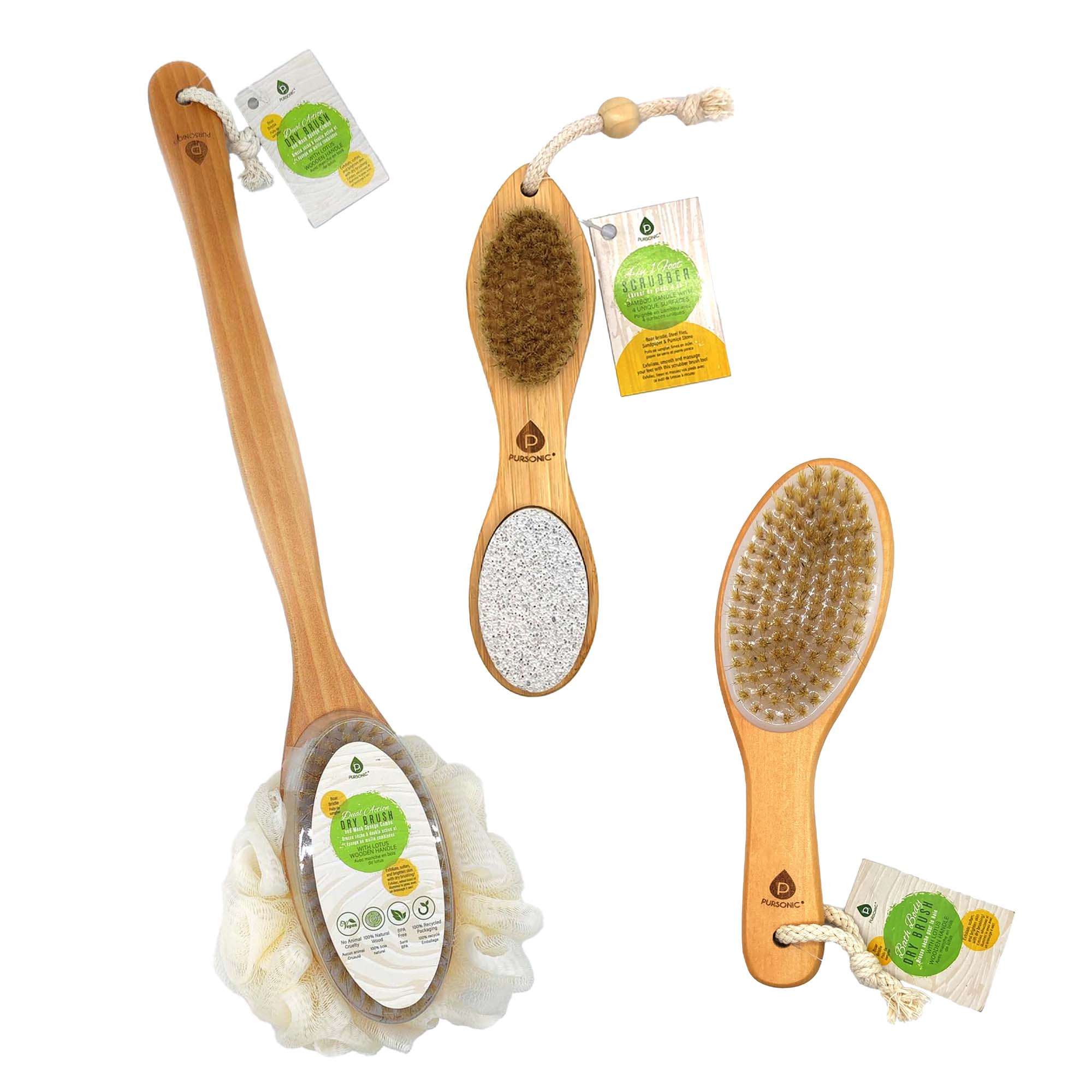 Pursonic Exfoliation Essentials Kit: Dual Brush, Bath Body Brush & 4-in-1 Foot Scrubber