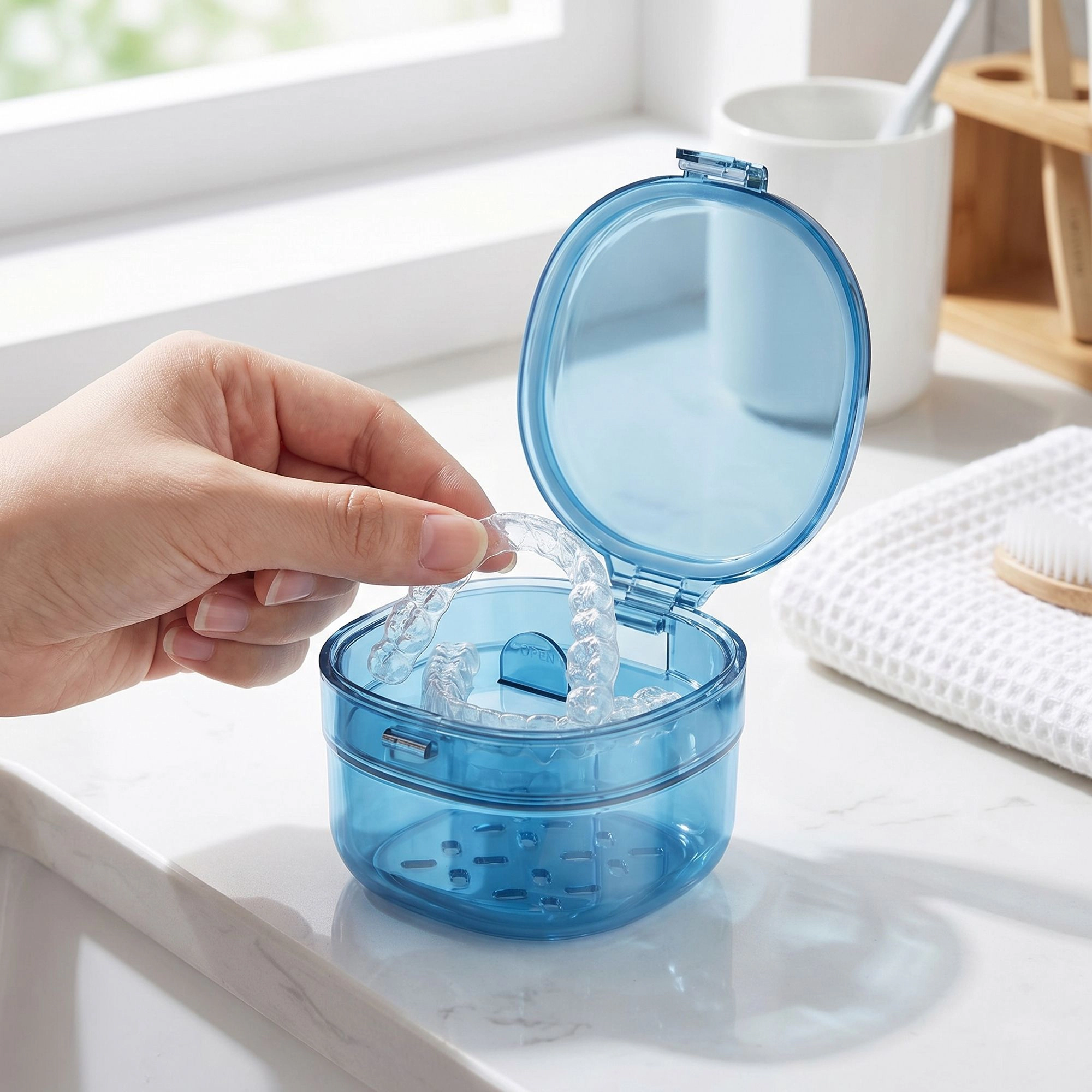 Alilang Women Retainer Case with Ventilation Drain Tray Portable Dental Storage Box for Aligners Dentures Mouth Guards 3