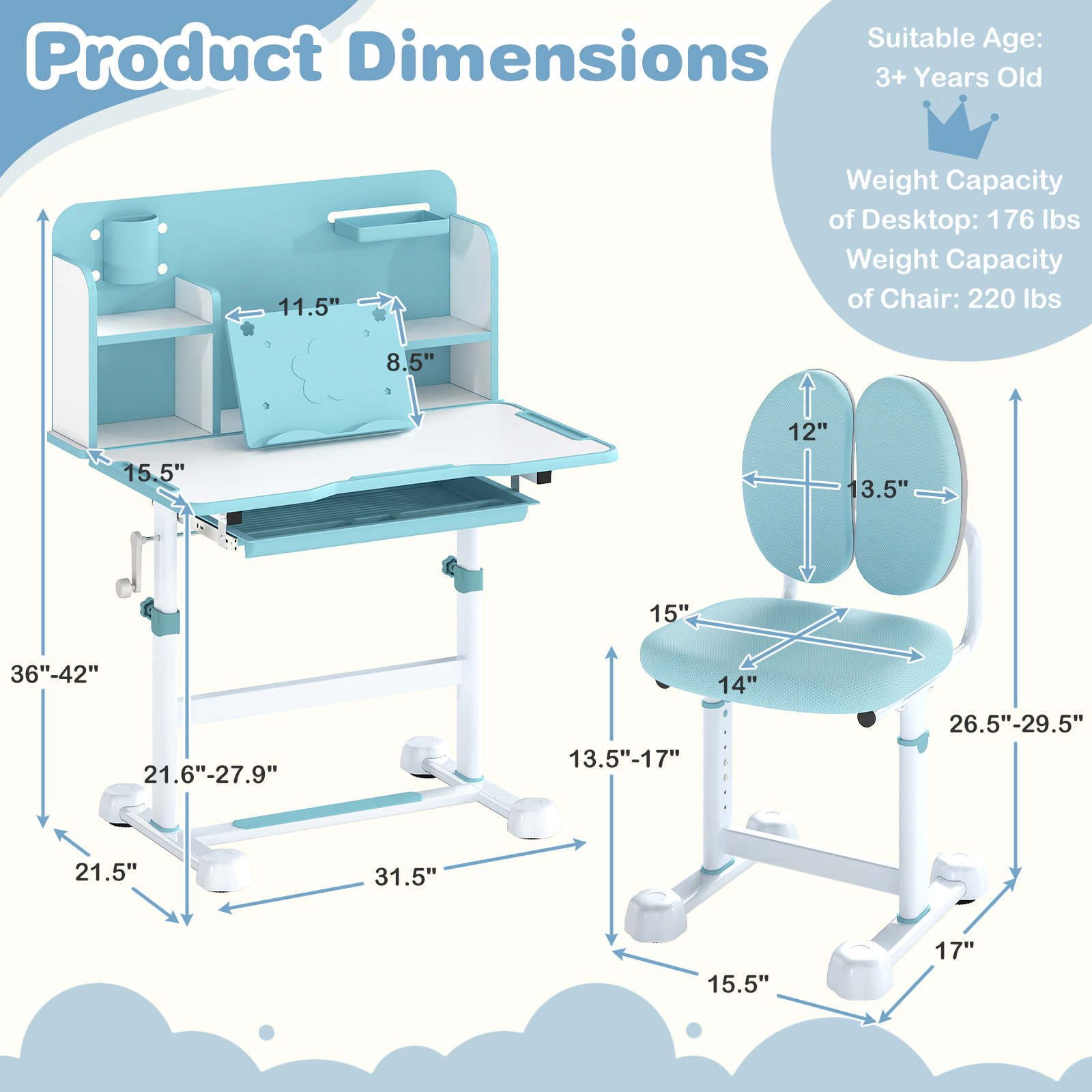 SUGIFT Tilting Kids Study Desk and Chair Set 176-lb Desktop Capacity 220-lb Chair Capacity Ages 3+ Blue/Gray