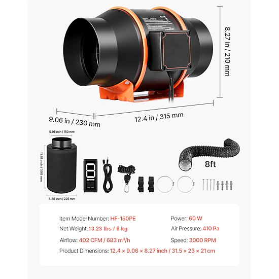 HONGGE Inline Duct Fan Kit with Carbon Filter EC Motor Ventilation Fan with 3-Speed Circulation 10-Speed PWM Controller
