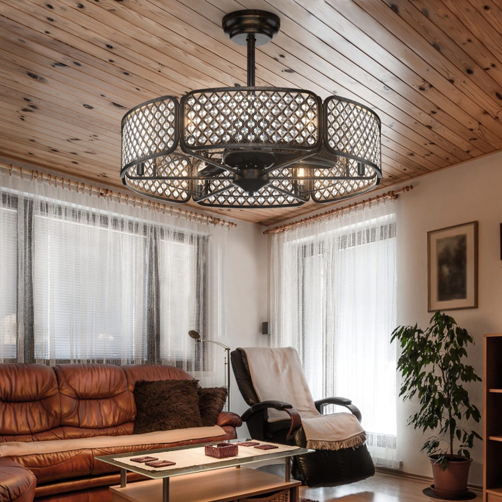 SUGIFT 30-in Caged Ceiling Fan with Light Crystal Lampshade 6-Light 6-Speed Reversible DC Motor Remote Coffee/Golden