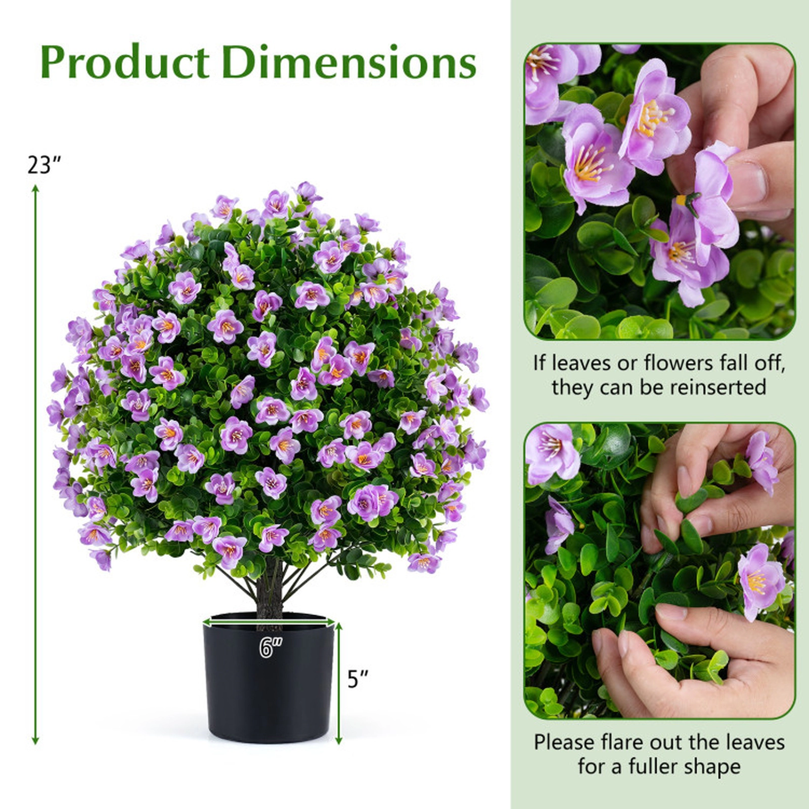 SUGIFT Set of 2 23-in Artificial Eucalyptus Topiary Ball Trees with Purple Flowers and Cement Planters