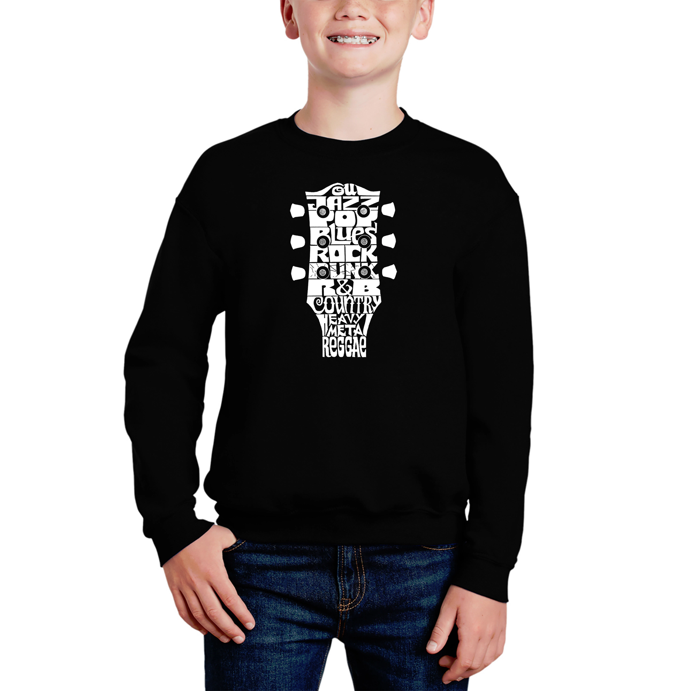 LA Pop Art Boy's Word Sweatshirt - Guitar Head Music Genres