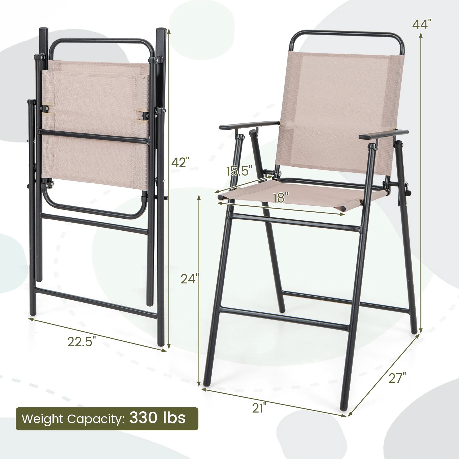 SUGIFT Set of 2 Beige Folding Bar-Height Patio Chairs, 24-Inch Seat, Mesh, Armrests and Footrests