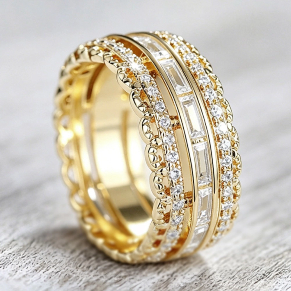 Gold‑Tone Wide Band Ring Baguette & Round Cubic Zirconia Multi‑Layer Vintage Eternity Statement Ring