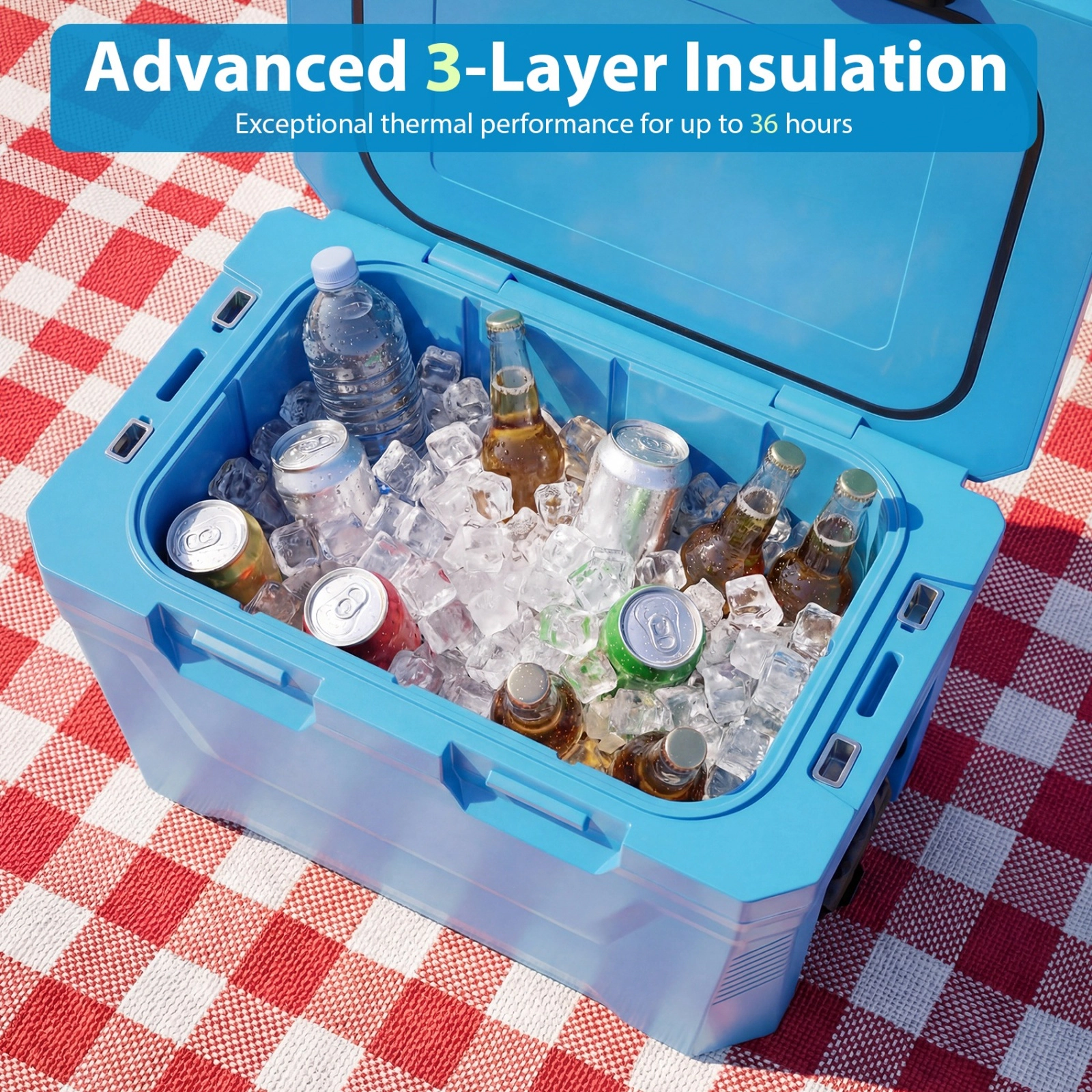 SUGIFT Blue 37-qt Hard Shell Insulated Cooler Ice Chest with 2 Cup Holders Bottle Opener and Fish Ruler
