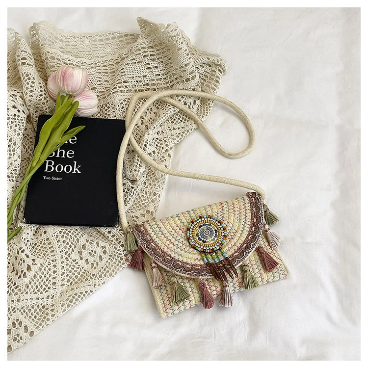 Alilang Women's Woven Crossbody Bag with Beaded Medallion Tassel Flap and Long Strap