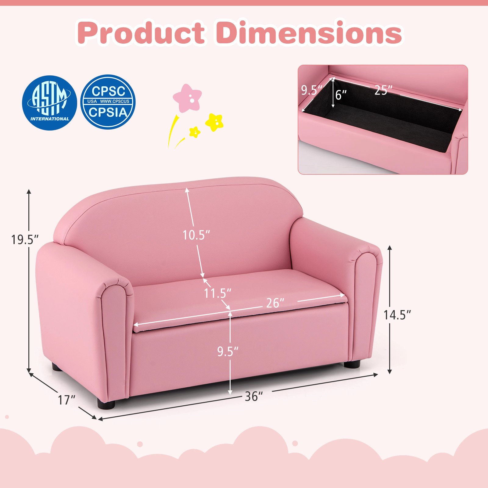 SUGIFT Hidden Storage Under the Seat Kids Sofa Armrest Chair