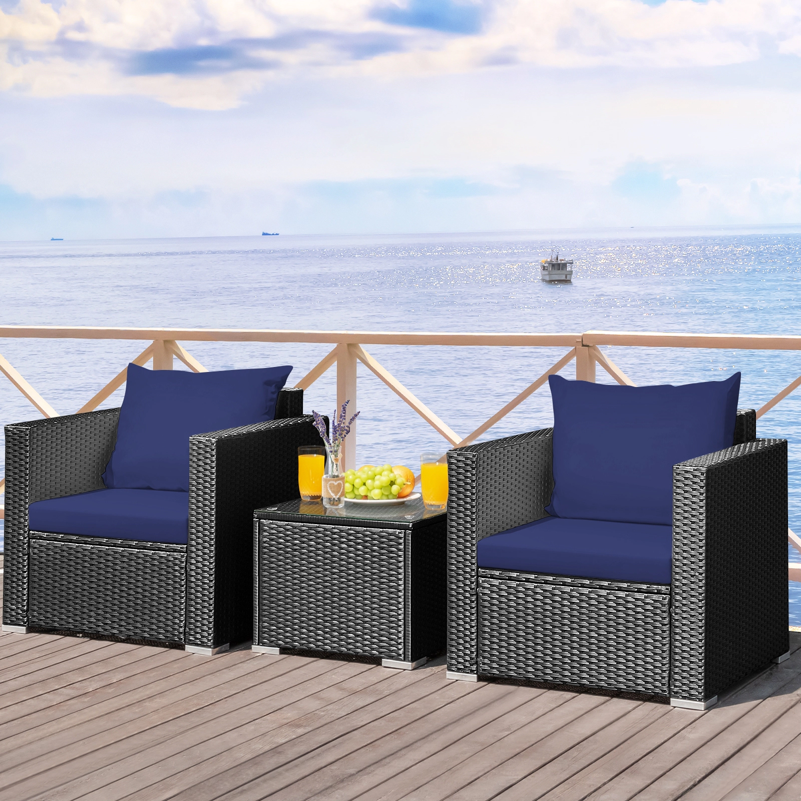 SUGIFT Steel Frame Patio Wicker Conversation Set with Cushions 400-lb Sofa Capacity Navy Black Rattan