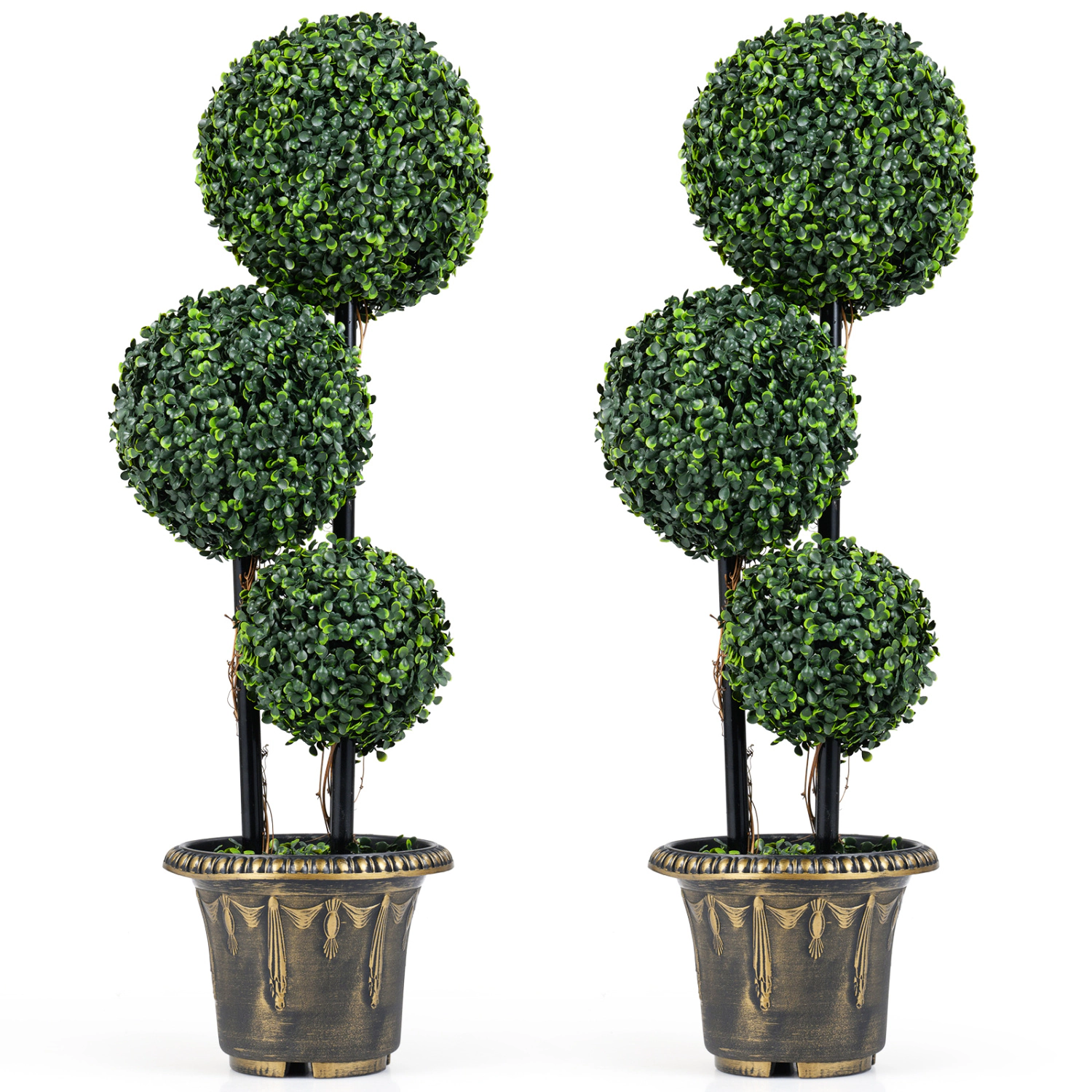 Slickblue Set of 2 Artificial Boxwood Topiary Tree 35in Triple Ball Black Gold Planter Indoor Outdoor