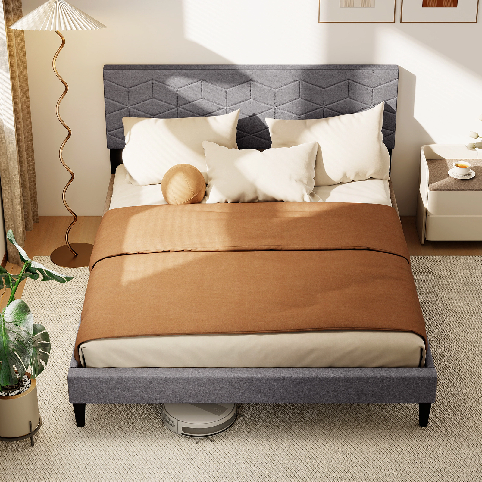 LJG Twin/Full/Queen Size Bed Frame Modern Platform Bed with Linen Fabric Upholstered Headboard