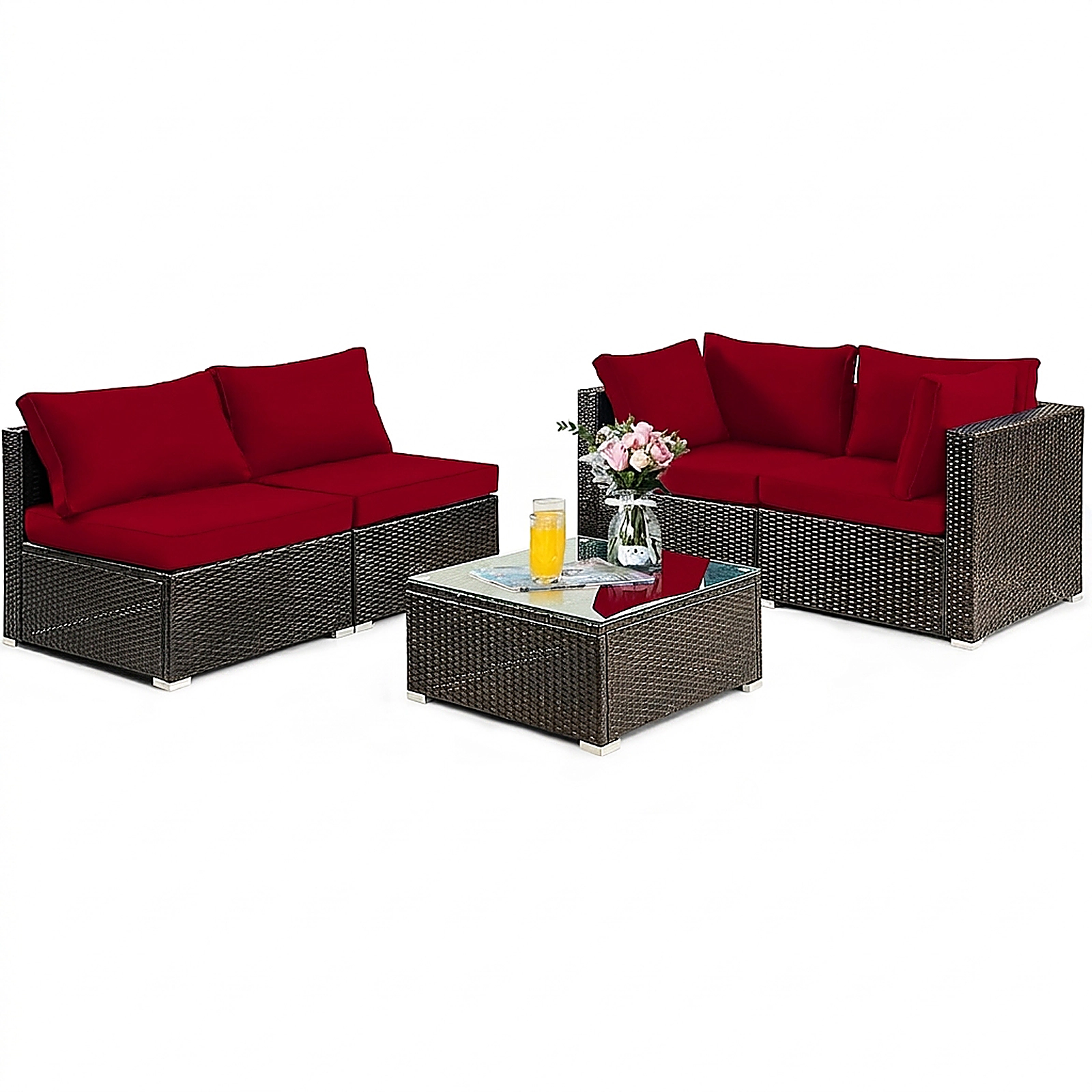SUGIFT 5-Piece Red PE Rattan Patio Sectional Set with Glass Table
