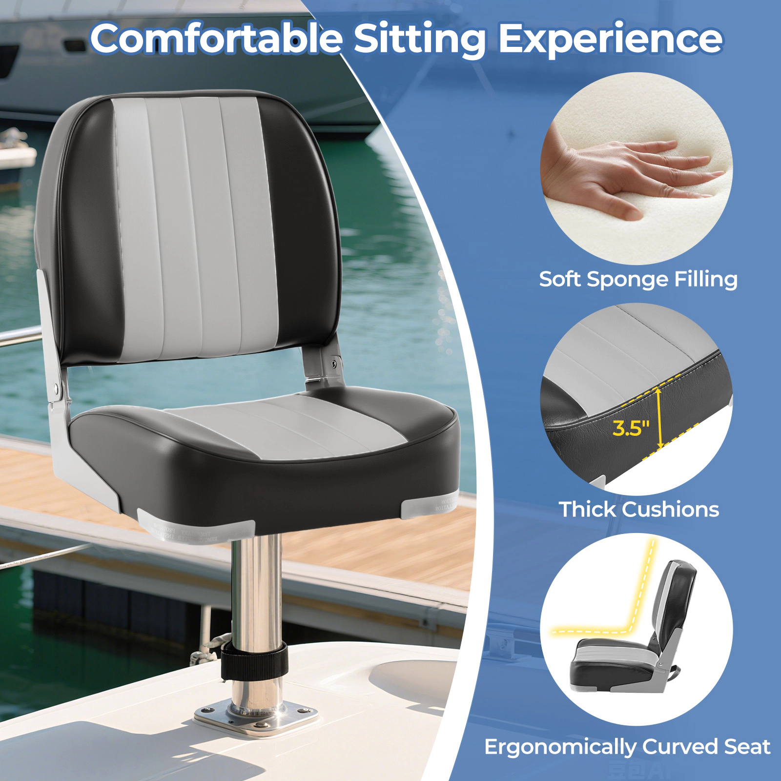SUGIFT 2-Pack 330-lb Capacity Folding Low Back Boat Seats with Waterproof PVC Leather and Aluminum Hinges