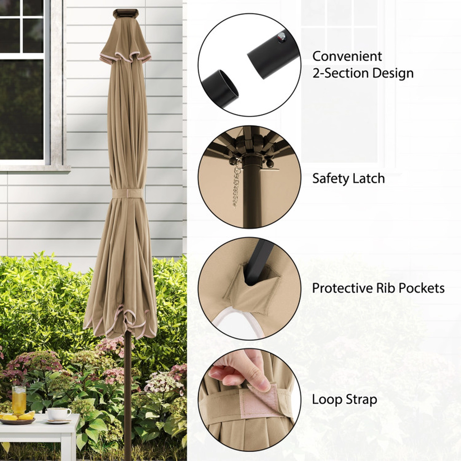 SUGIFT Solar Patio Umbrella with 24 LED Lights 10-ft Coffee