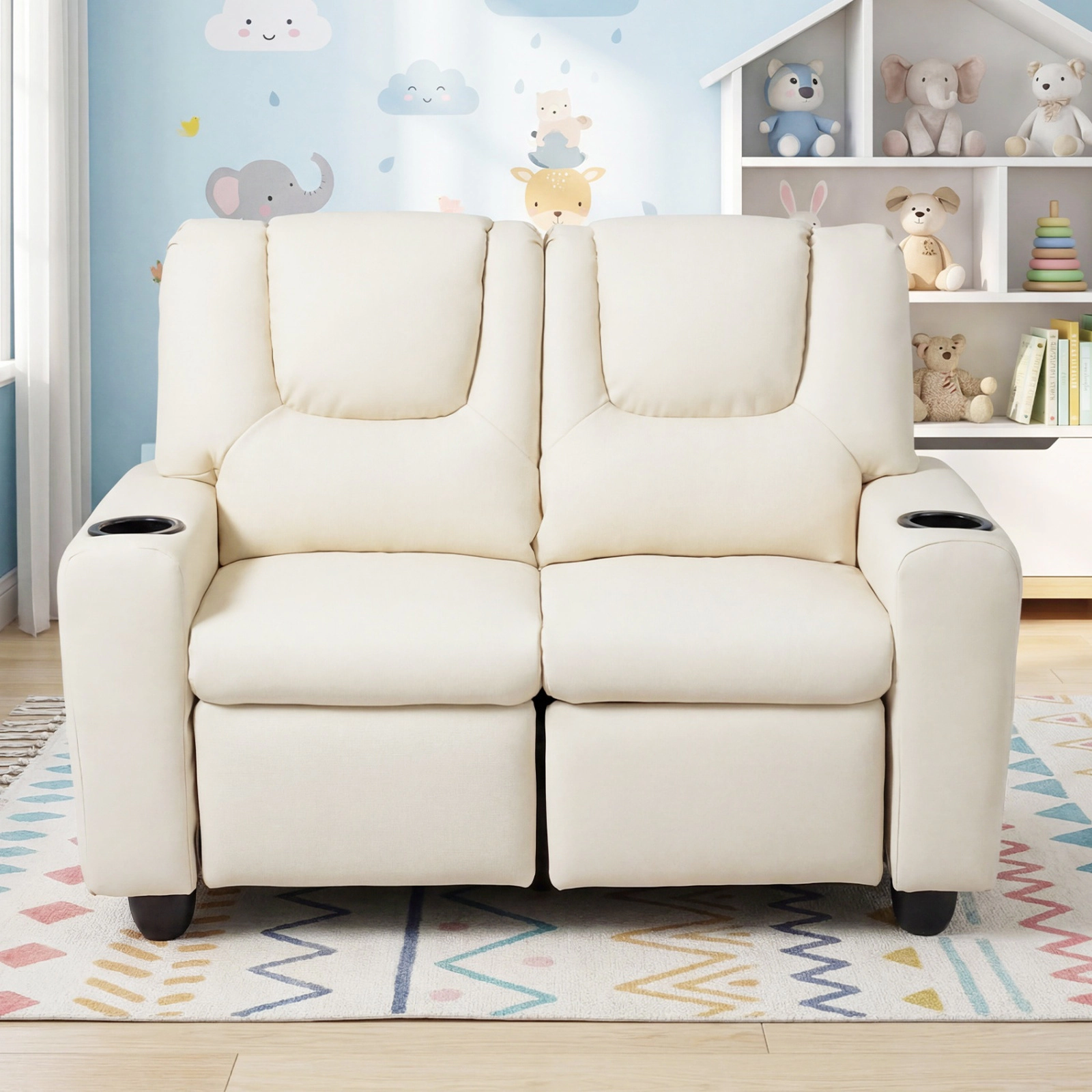 SUGIFT Adjustable 2-Seater Kids Recliner Double Toddler Sofa Chair Cup Holders 330-lb Capacity Ages 3+ 38-in Wide Beige