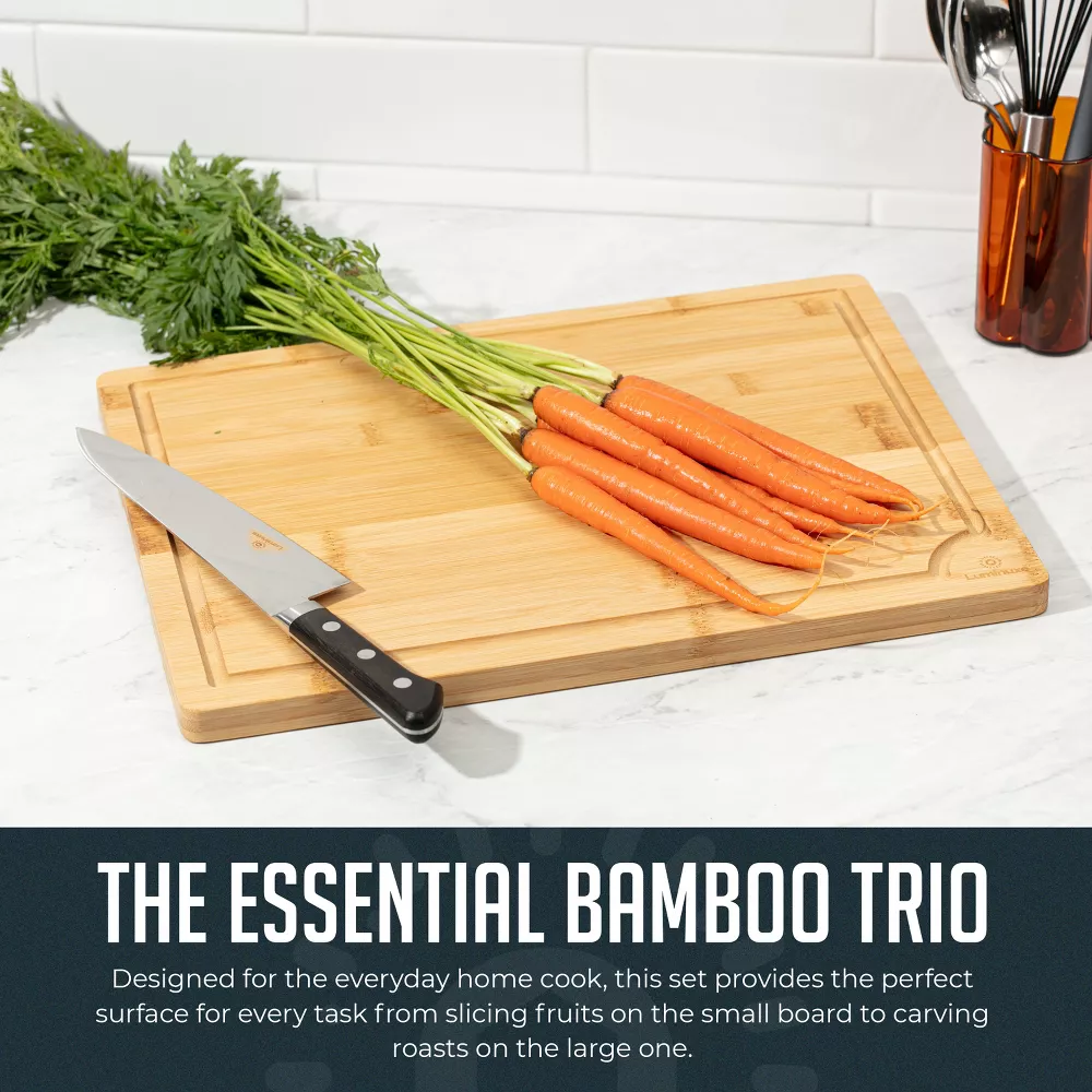 Luminuxe Bamboo Cutting Board Set of 3, Heavy‑Duty Nonslip Wood Boards with Juice Groove for Kitchen Prep