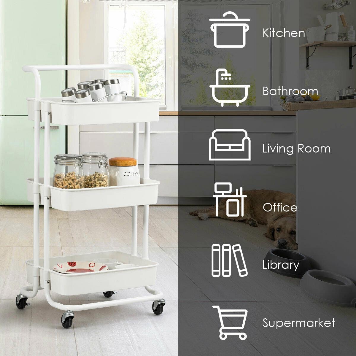 SUGIFT 3-Tier Utility Cart White Rolling Storage Cart with Locking Casters