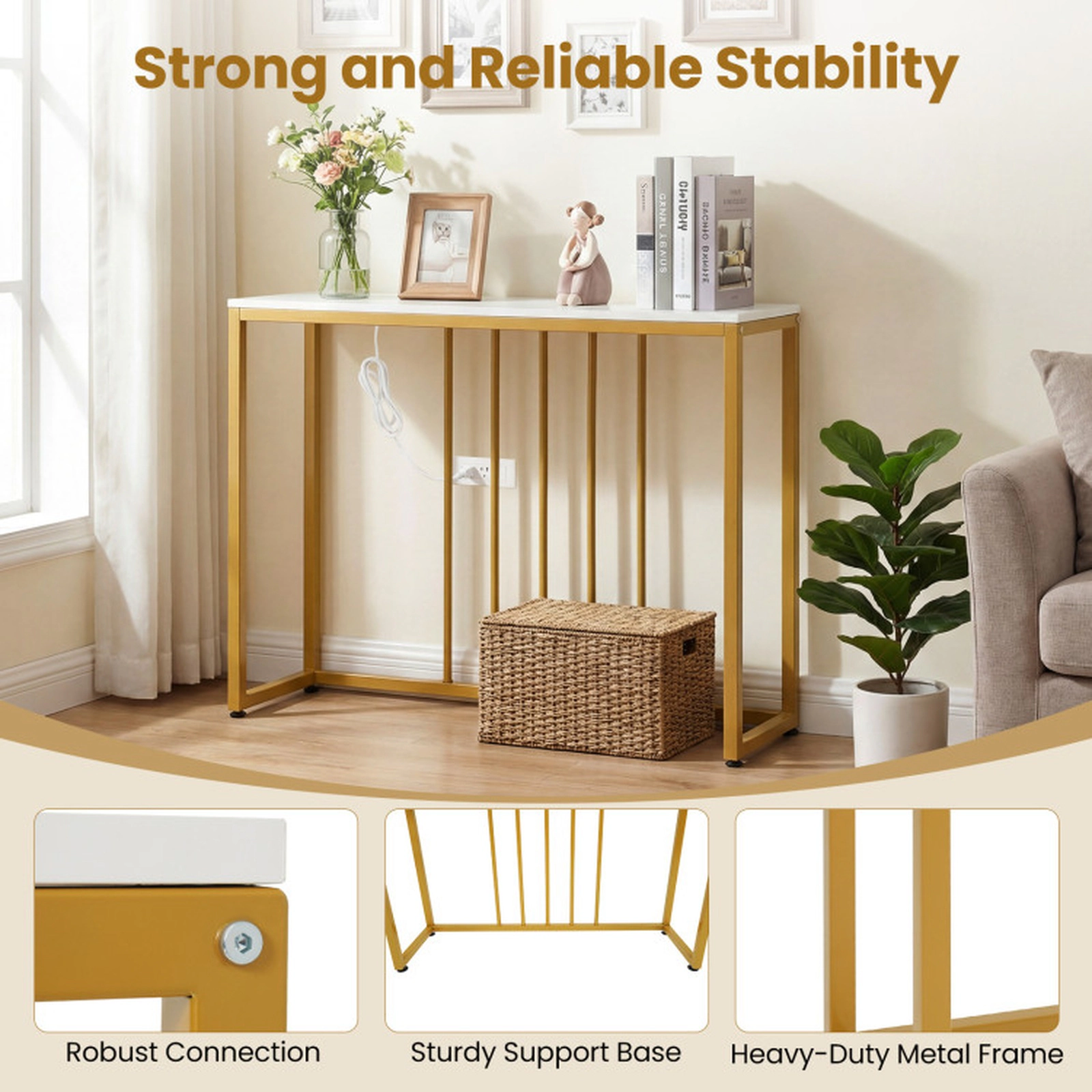 SUGIFT 39-in 88-lb Capacity White and Gold Metal Frame Console Sofa Table with Built-In Charging Station