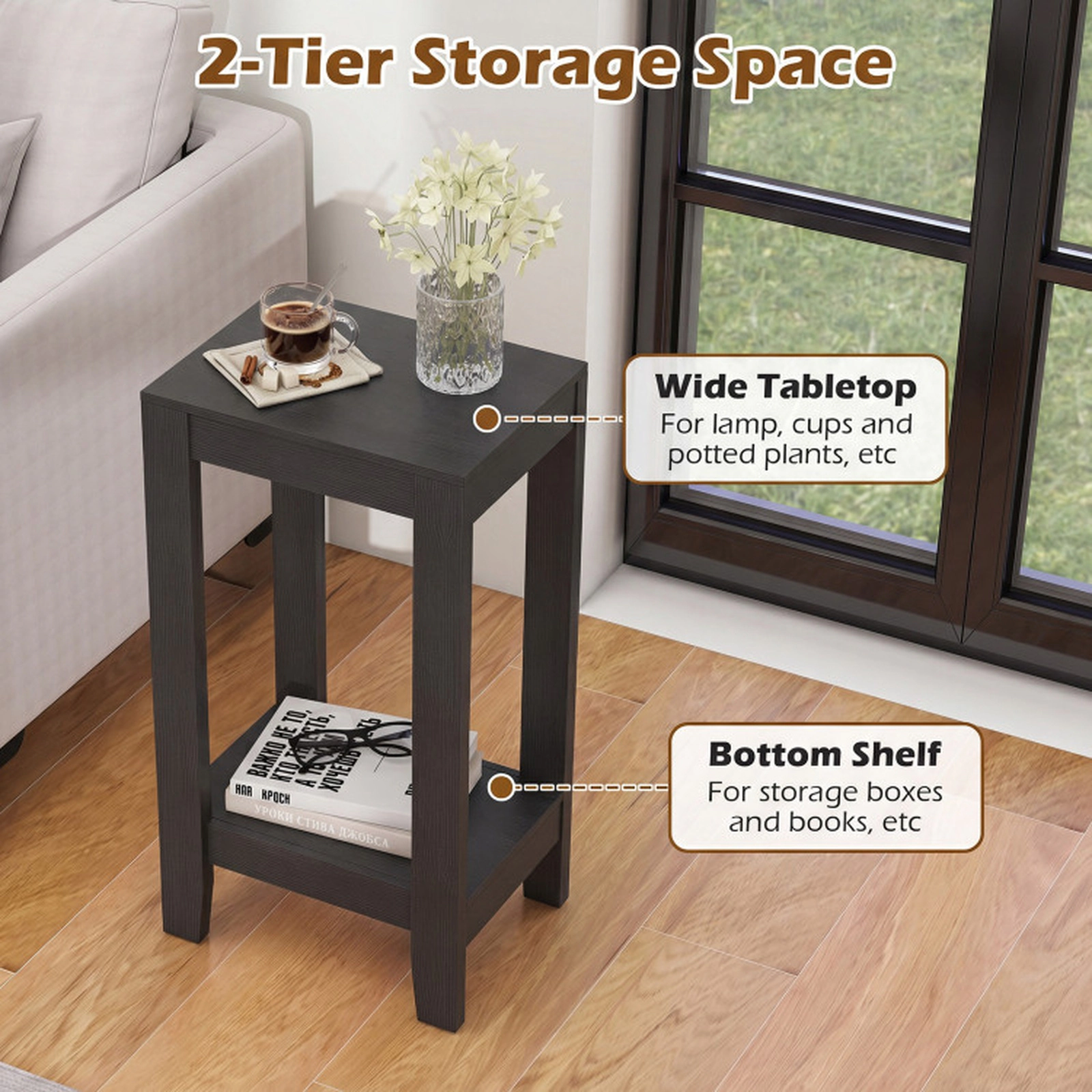 SUGIFT Set of 2 Black 2-Tier End Tables 16-in by 12-in Narrow Side Tables with Open Storage Shelf