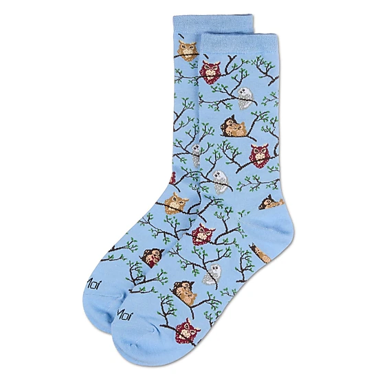 MeMoi Women's Embroidered Owls Bamboo Crew Socks