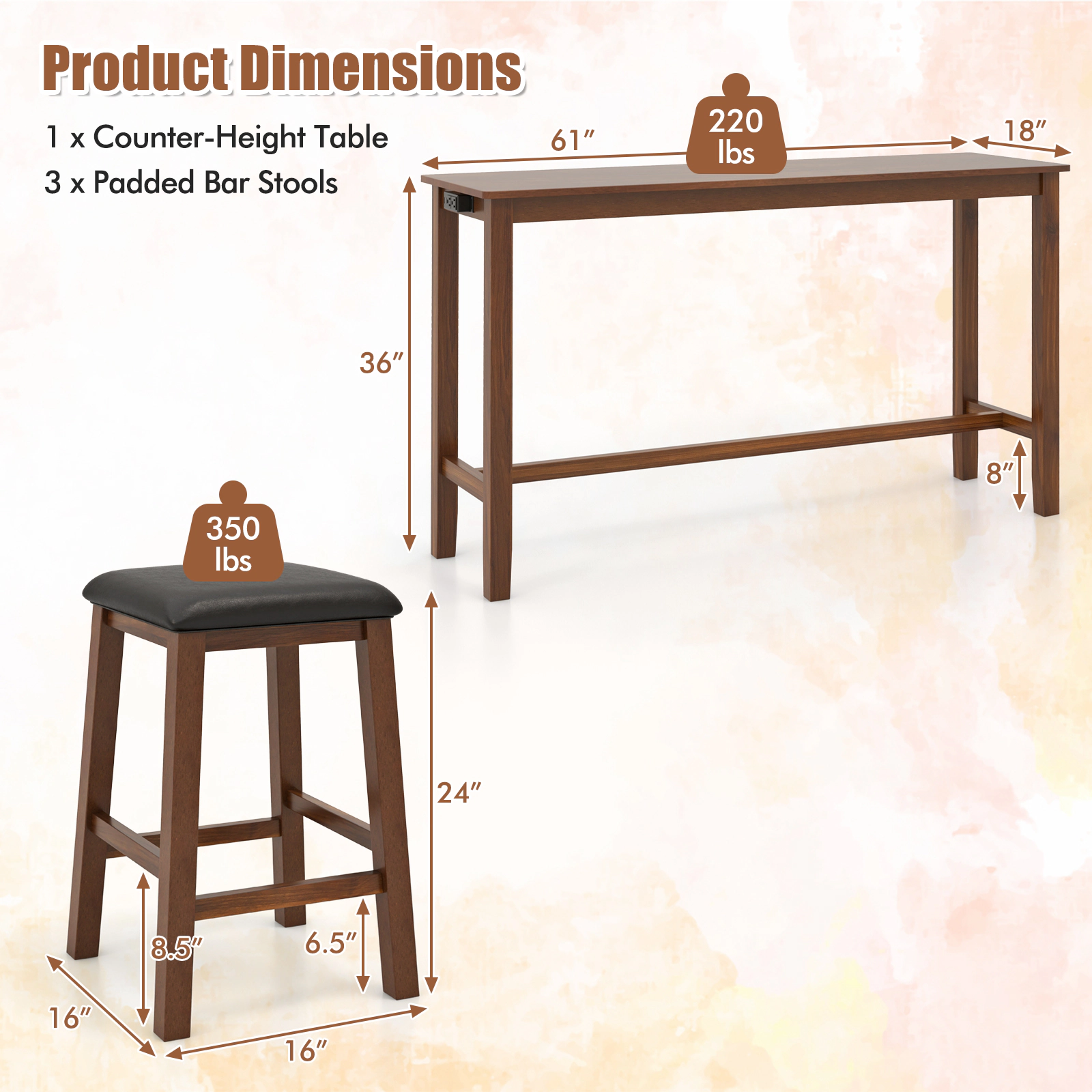 Slickblue 4 Piece Counter Height Dining Table Set with 3 Stools Walnut Brown USB Outlet