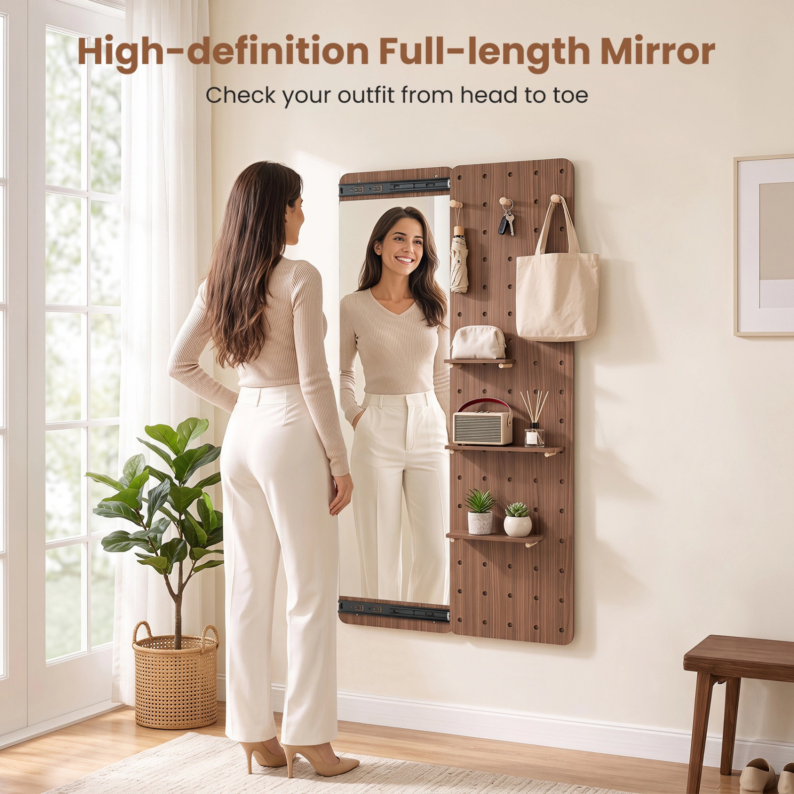 SUGIFT Full Length Mirror with Sliding Pegboard Shelves and Hooks Wall Mounted Entryway Storage Brown/Natural