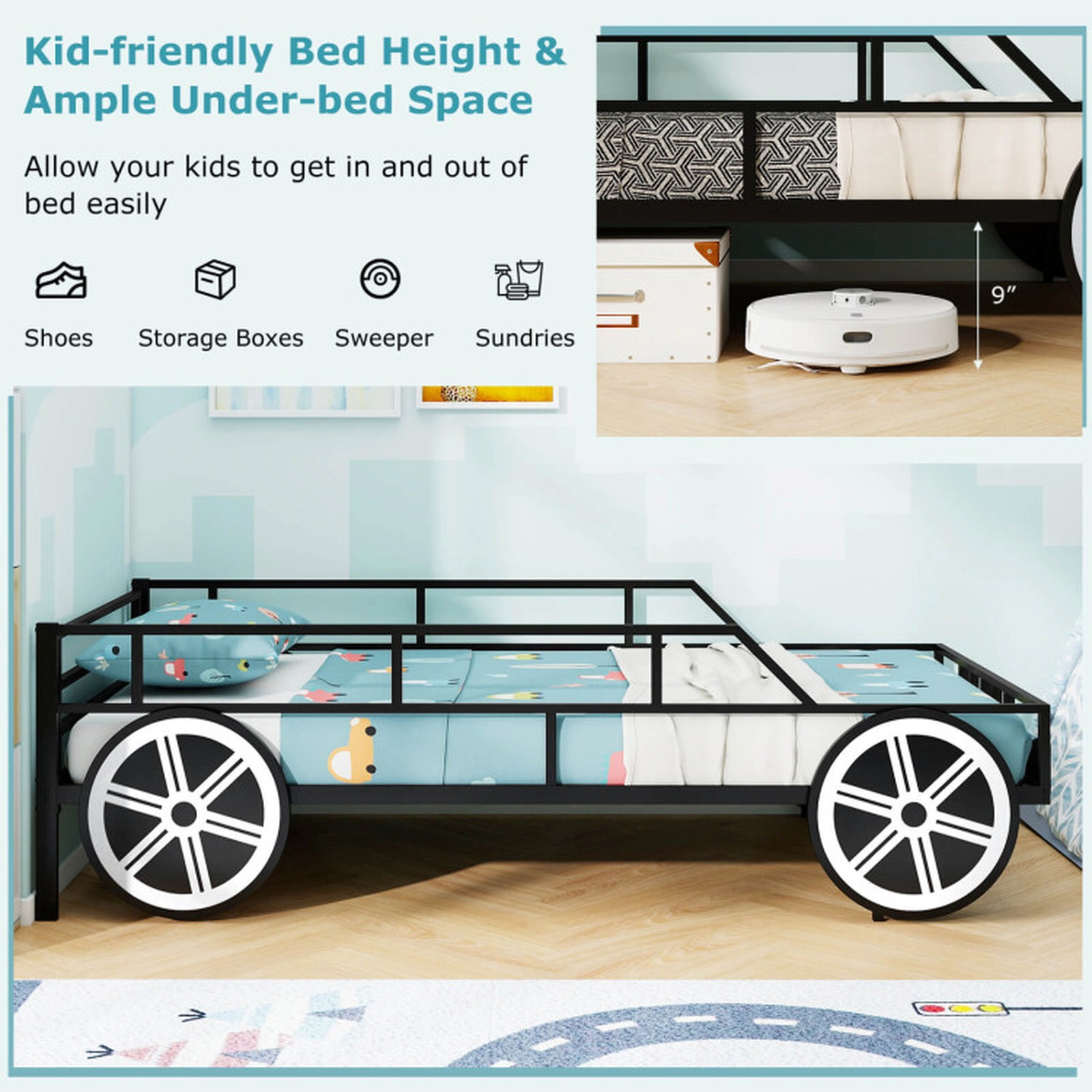 SUGIFT Car-Shaped Kids Metal Toddler Bed Frame Twin-Size 12-in Guardrails 485-lb Capacity 77-in Length 2-Piece Set Black