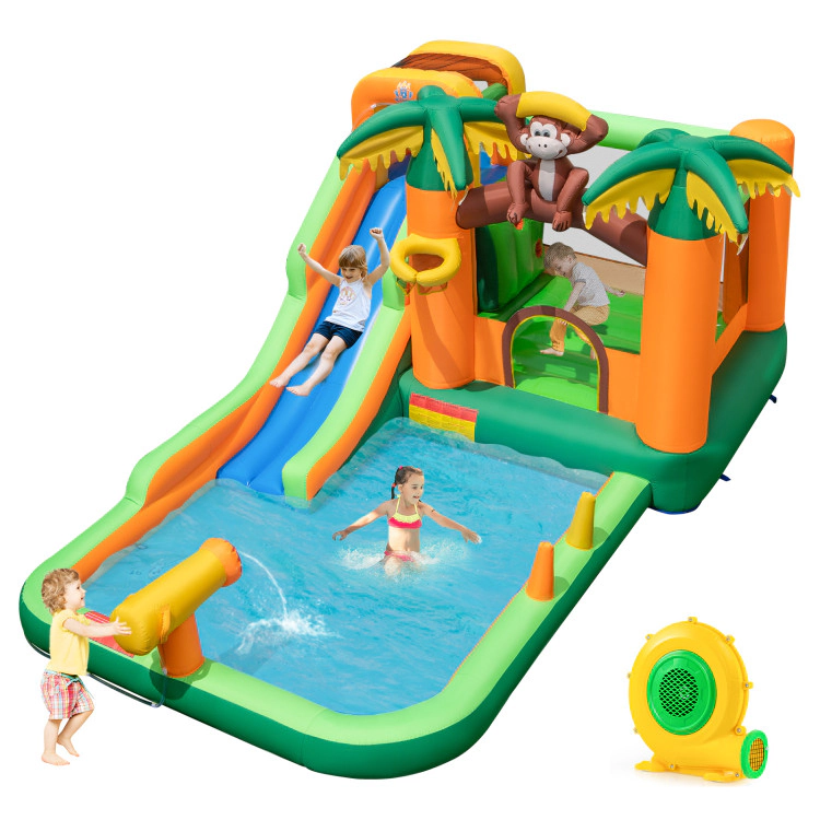 Hivvago Monkey-Themed Inflatable Water Slide with Jumping Area and Pool with 680W Blower