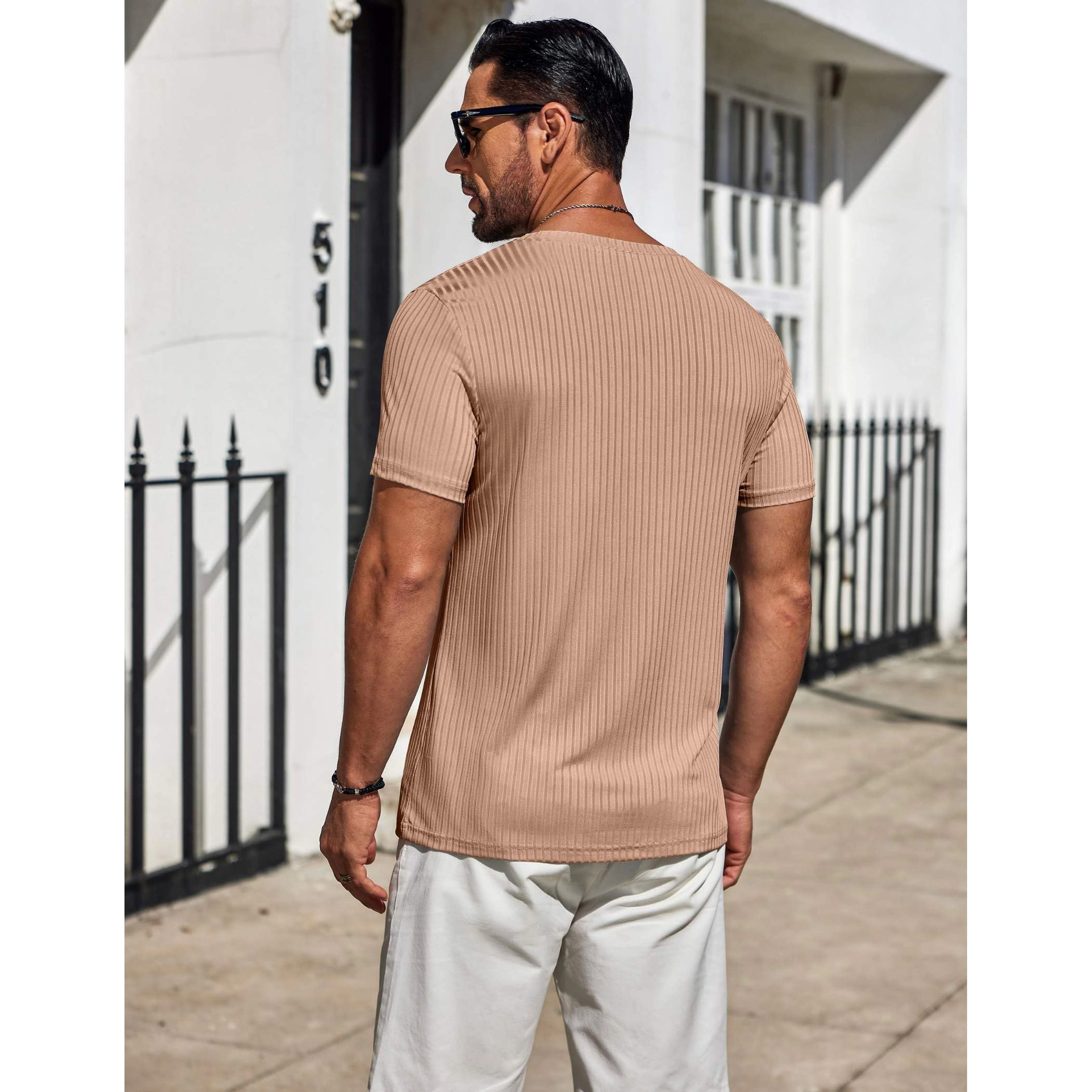 COOFANDY Mens Ribbed Short Sleeve T-Shirt Crew Neck Slim Fit Curved Hem Casual Tee