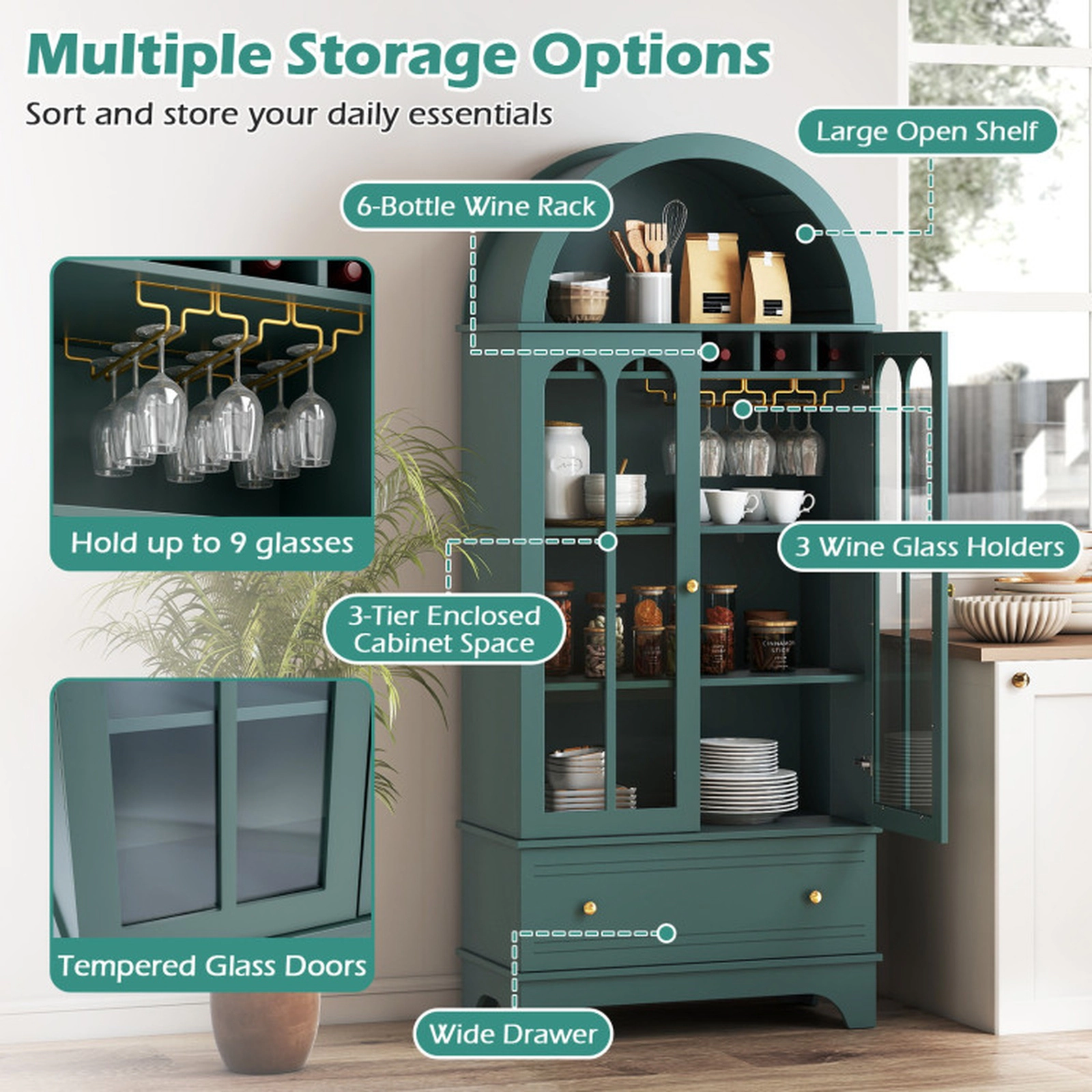 SUGIFT 71.5-in Arched Glass Doors 5-Tier Storage 6-Bottle Rack 3 Stemware Rails Wine Cabinet 30.5-in x 16-in Green